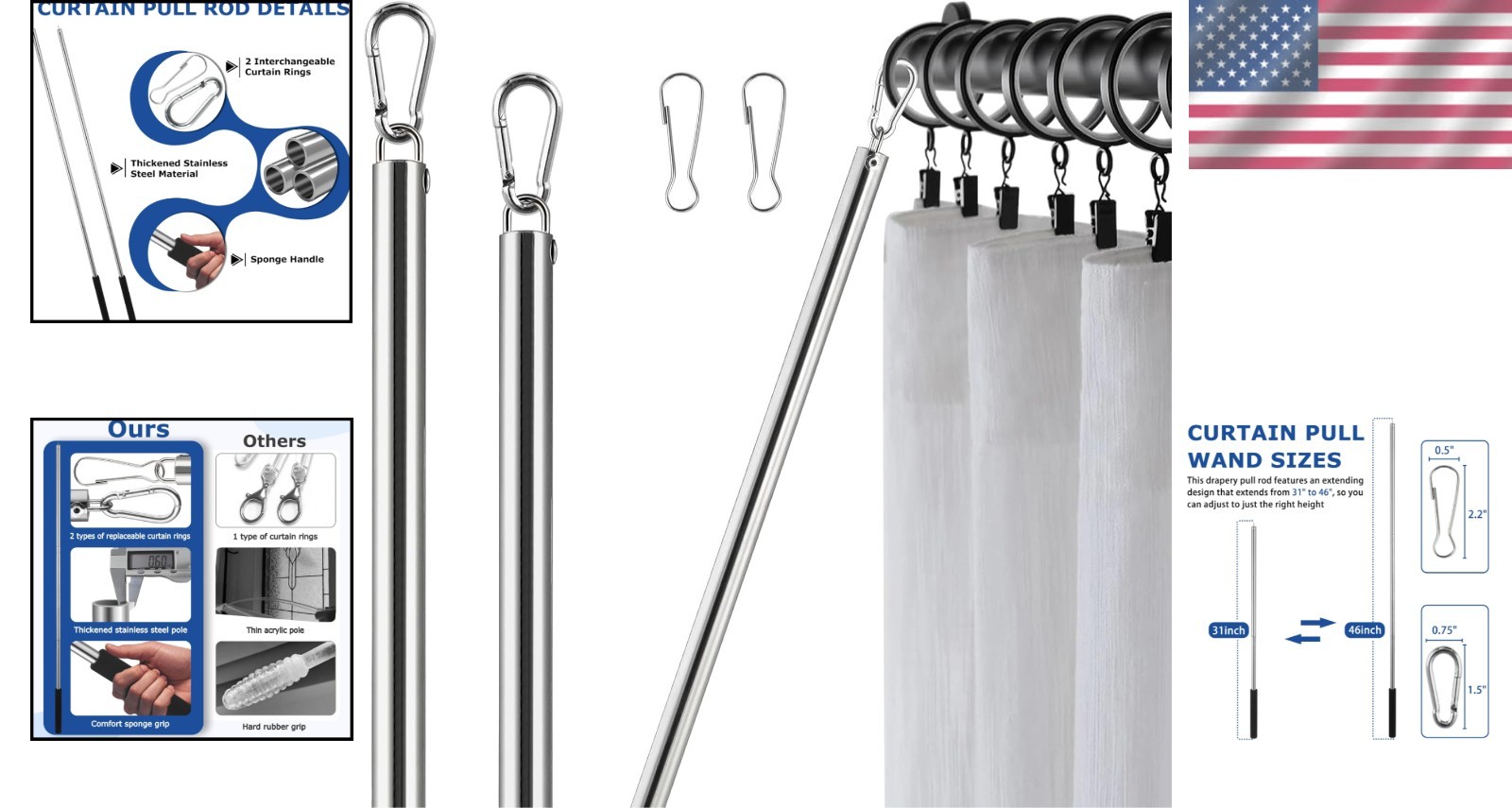 Curtain Pull Wand Drapery Rod 2 Pack Adjustable Stainless Steel Silver