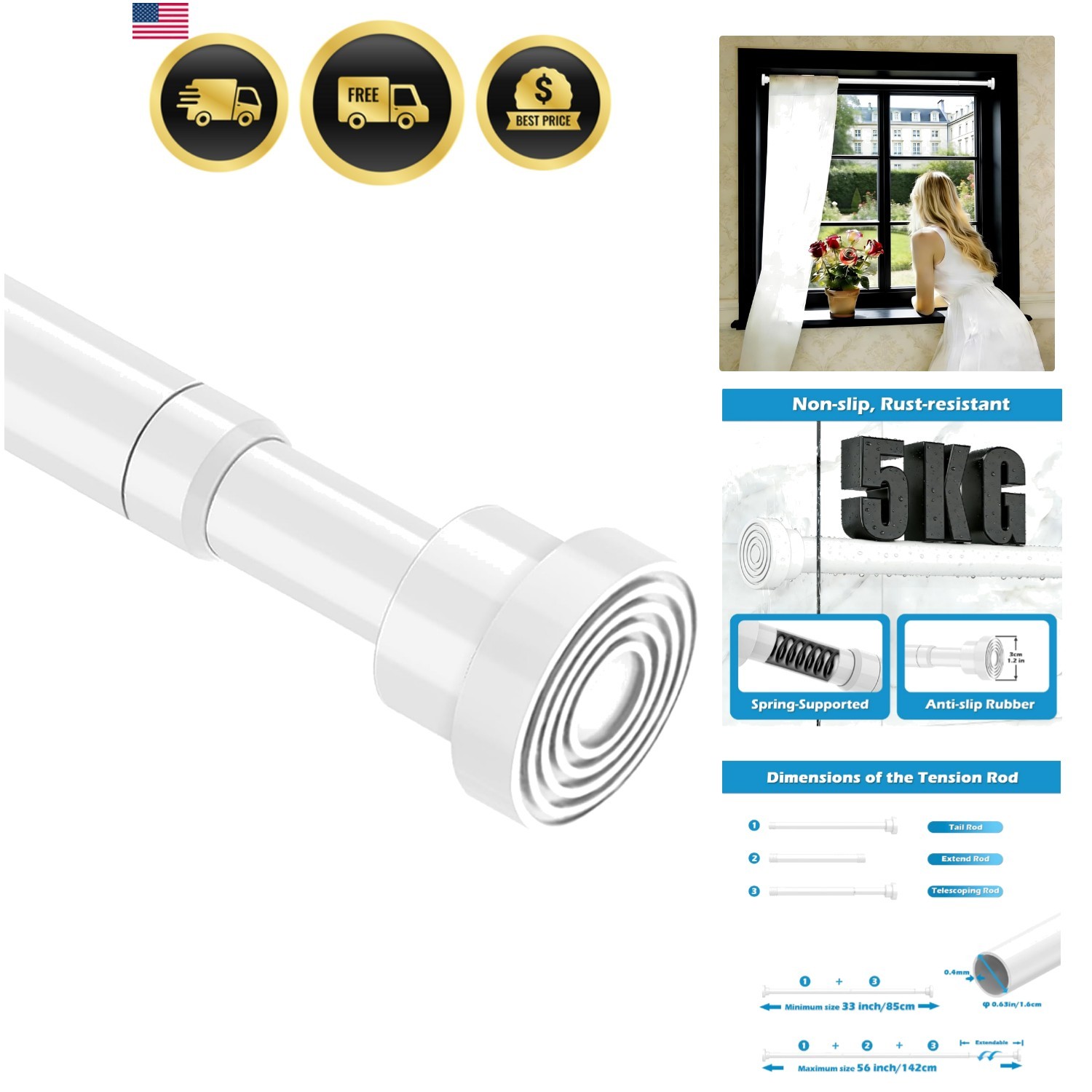 Spring Curtain Rod 33 to 56 Inch Adjustable White Curtain Rod No Drilling Non…