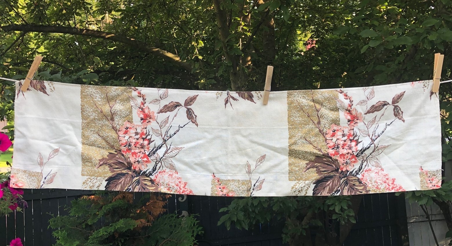 Vintage Window Valance Pink Brown Barkcloth Cherry Blossom 11 x 42 drapery