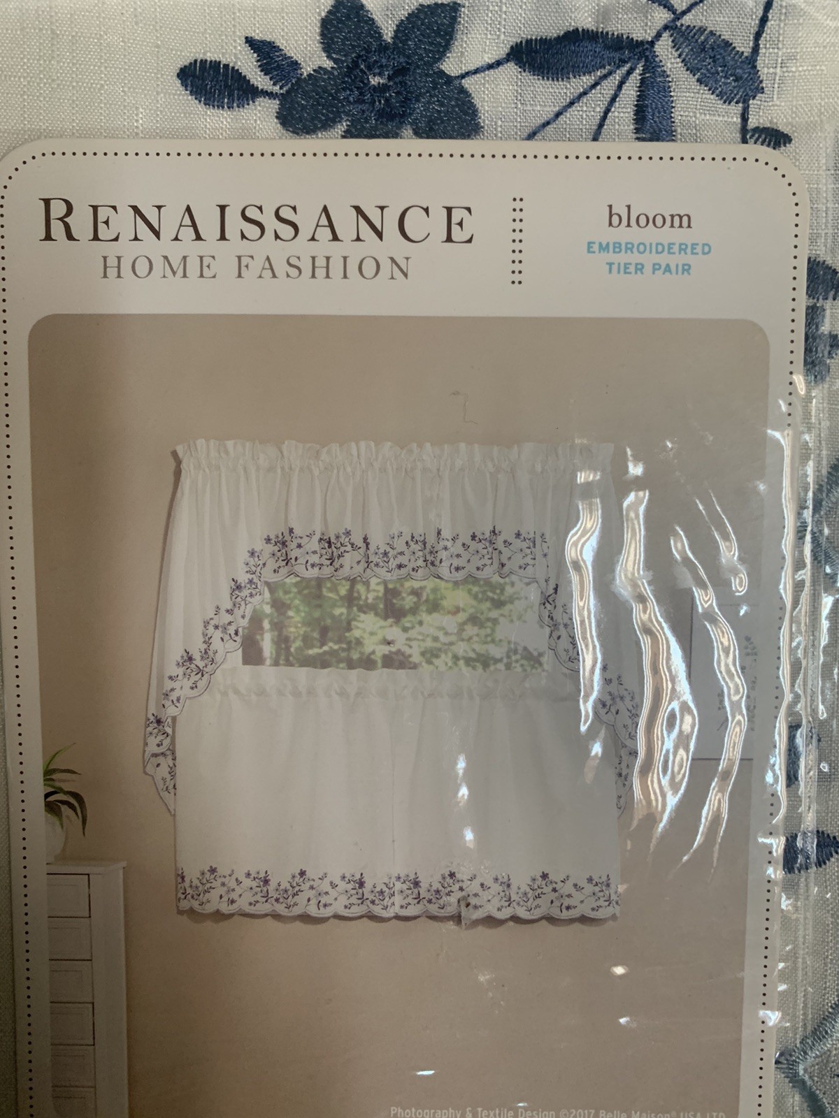 Belle Maison Bloom Renaissance Home Embroidered Tier Pair Blue White Floral 36″