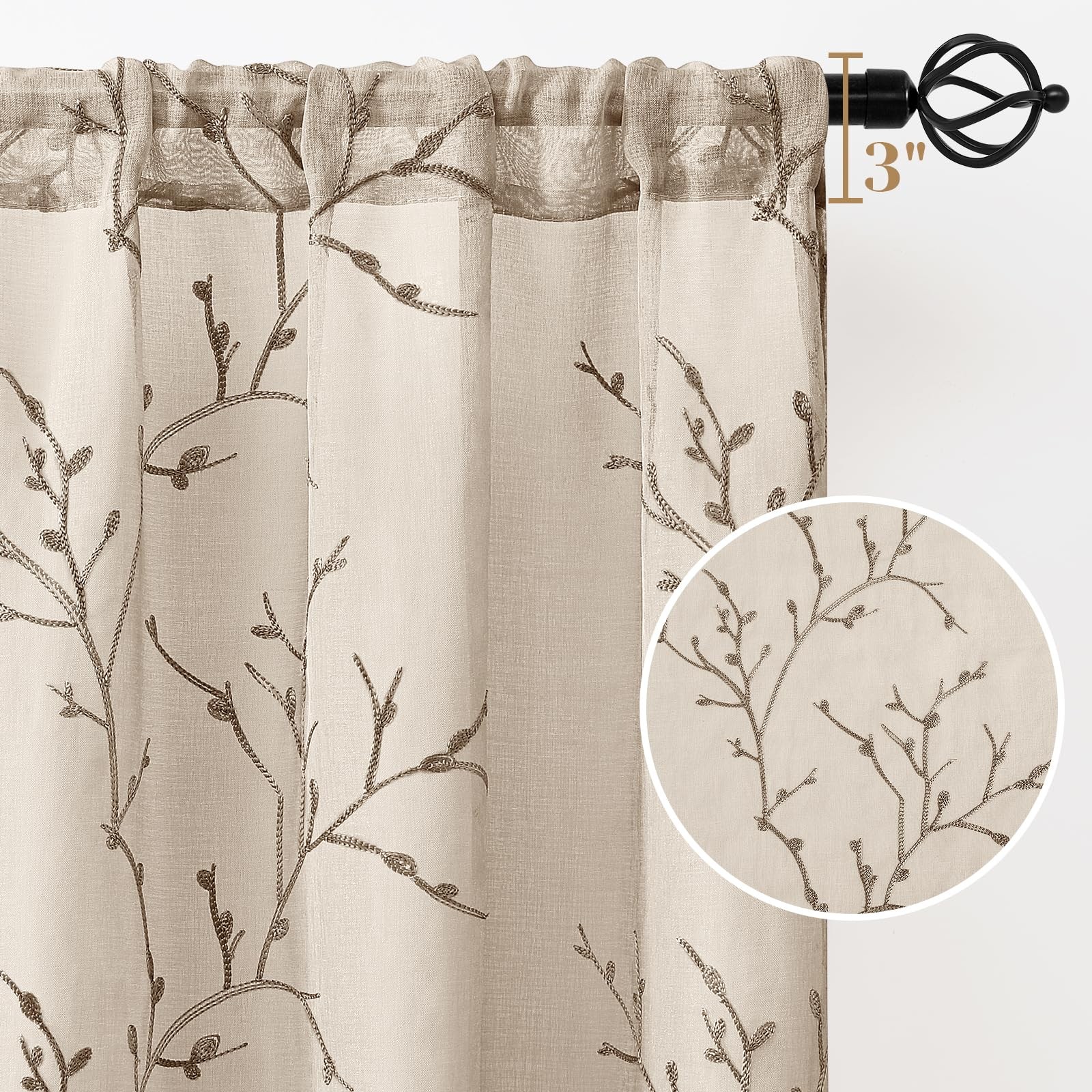 Taupe Sheer Curtains 52 X 84 Inches Length 2 Panels Embroidered Branch Patter…