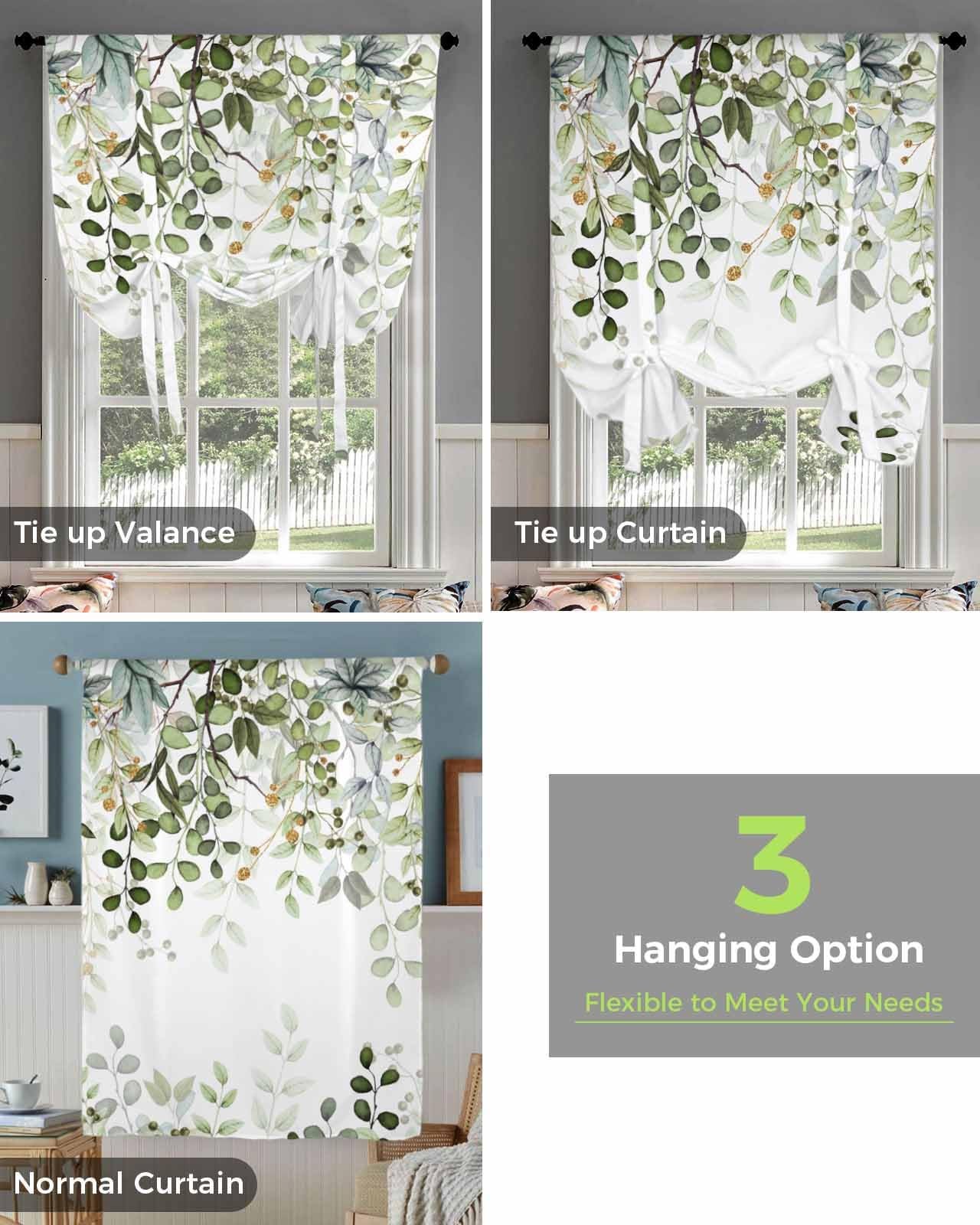 Sage Green Eucalyptus Leaves Kitchen Window Shades Tie Up Curtains, Rustic Br…