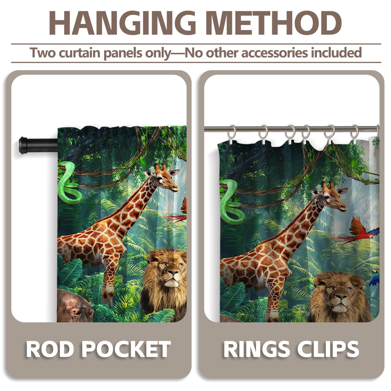 Rainforest Animals Window Curtains 52×85.5 Inch – Jungle Theme, Room Decor