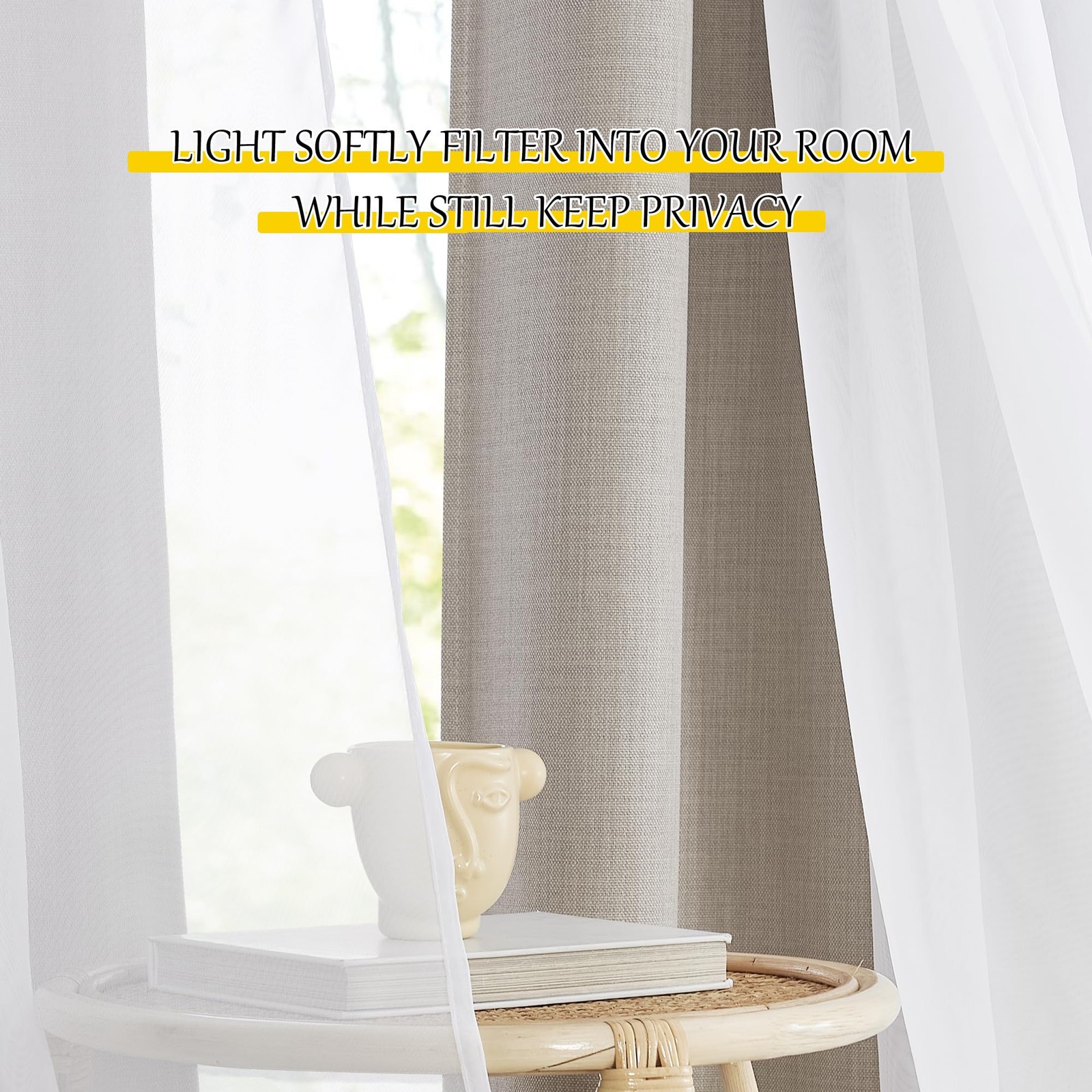 Nicetown Dual Layers Grommet Top Mix And Match Faux Linen Curtains White Sheer