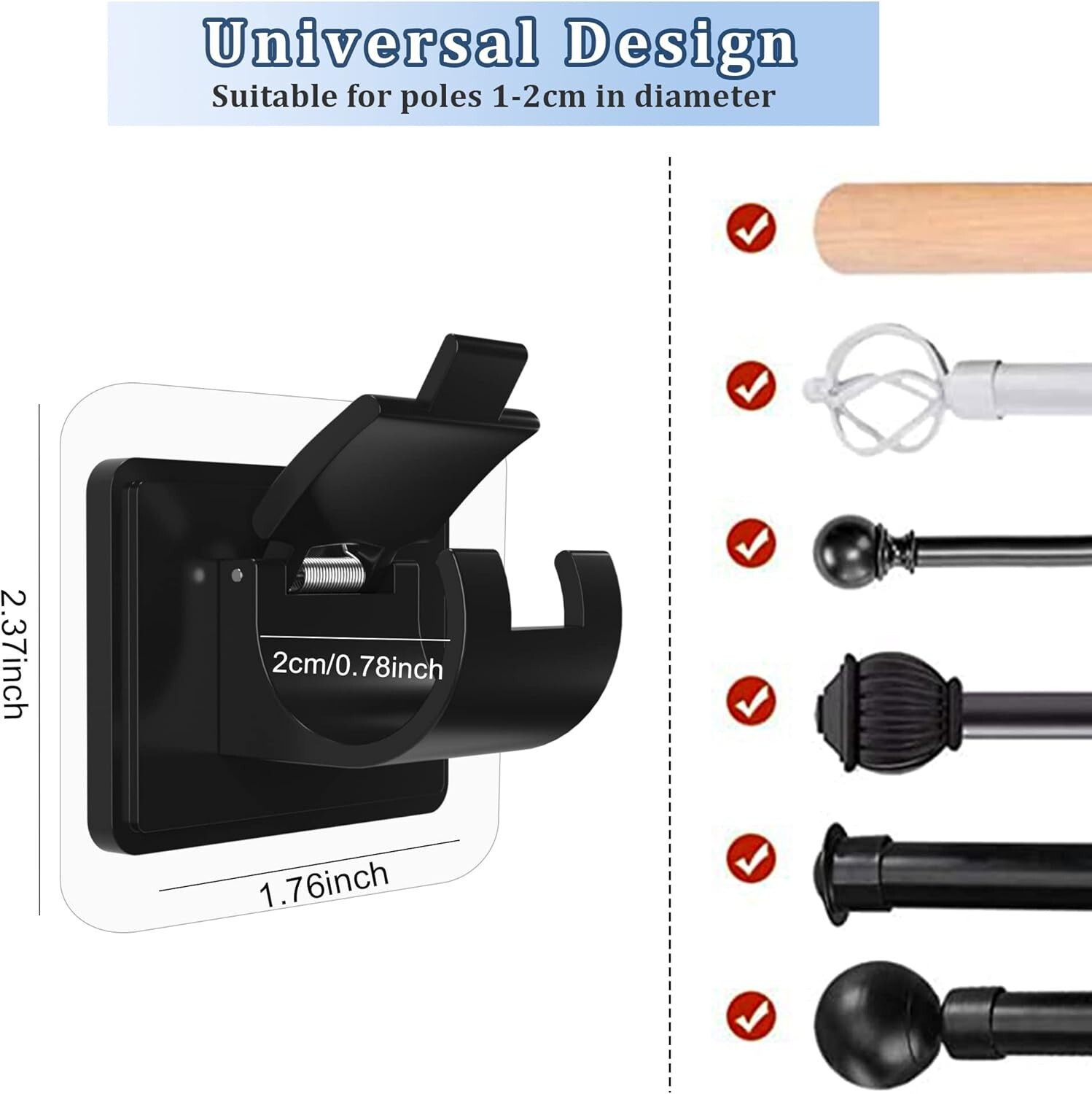 8PCS No Drill Curtain Rod Brackets Self Adhesive Curtain Rod Holder Hooks Nail F