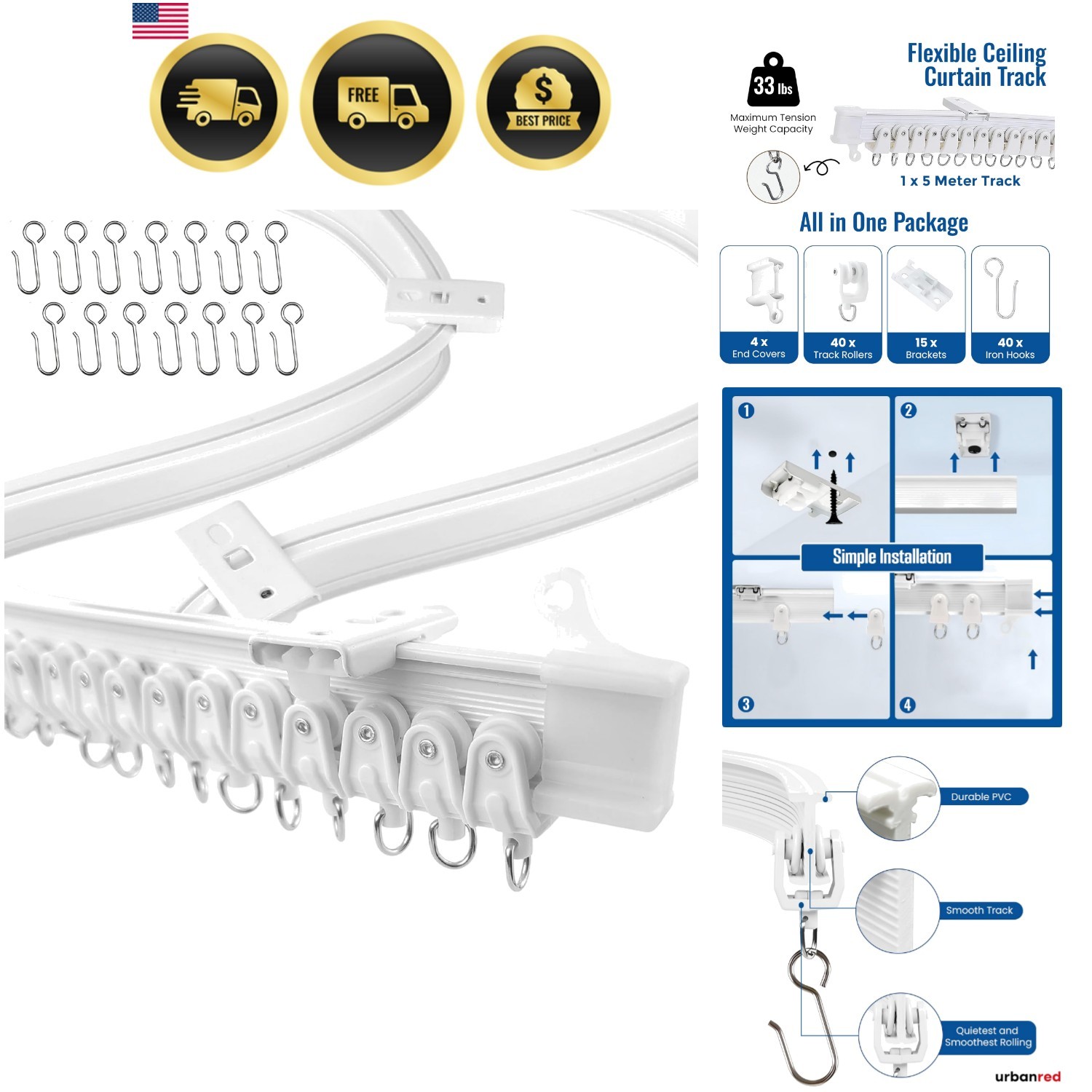Flexible Bendable Ceiling Curtain Track, 16.4 ft 5 m, Mount for Rail with Cur…