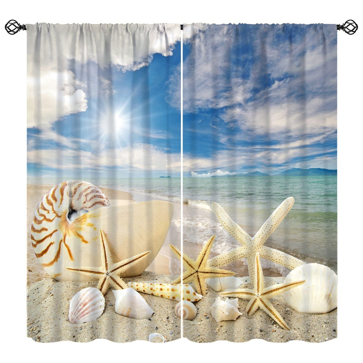 Summer Beach Window Curtain, Starfish Shells Holiday Seaside Print Curtain fo…