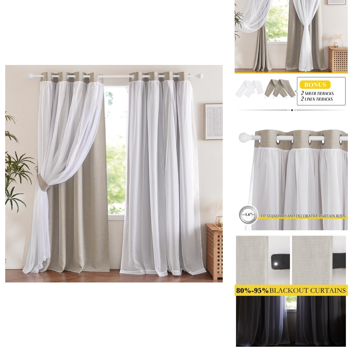Nicetown Dual Layers Grommet Top Mix And Match Faux Linen Curtains White Sheer