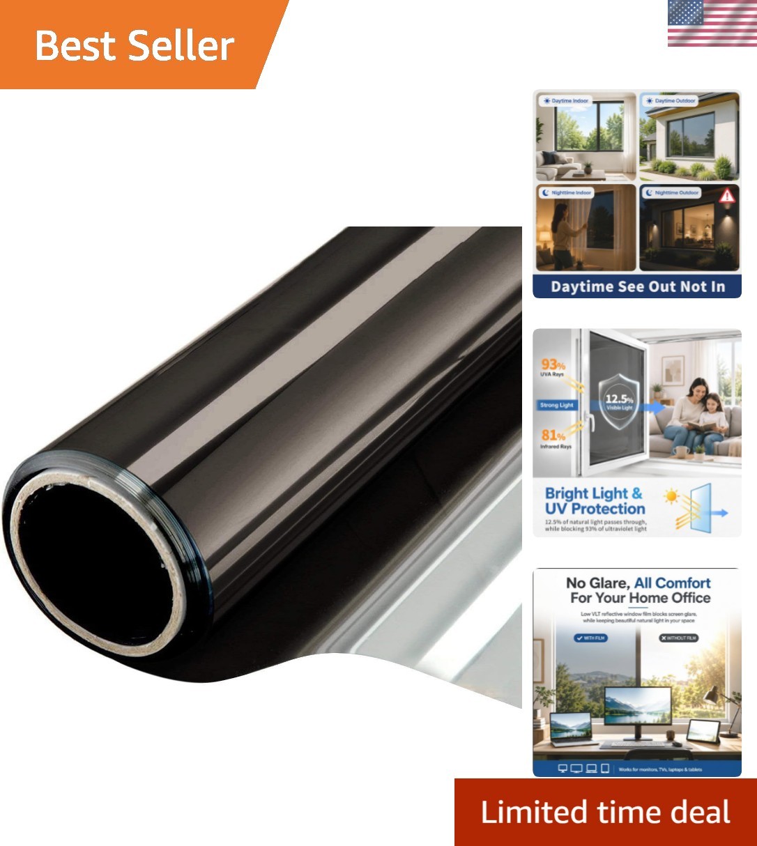 Reflective Black Silver Window Film – See Out Not In, Static Cling, 17.5″ x 6.5″