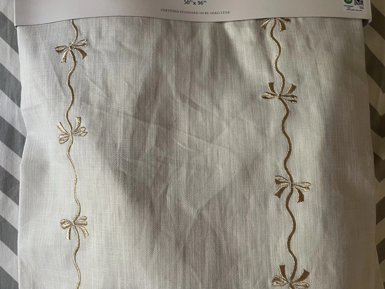 MOSS & WILLOW 100% Cotton Gold Embroidery Curtains Bows Ivory 50X96” NEW SET