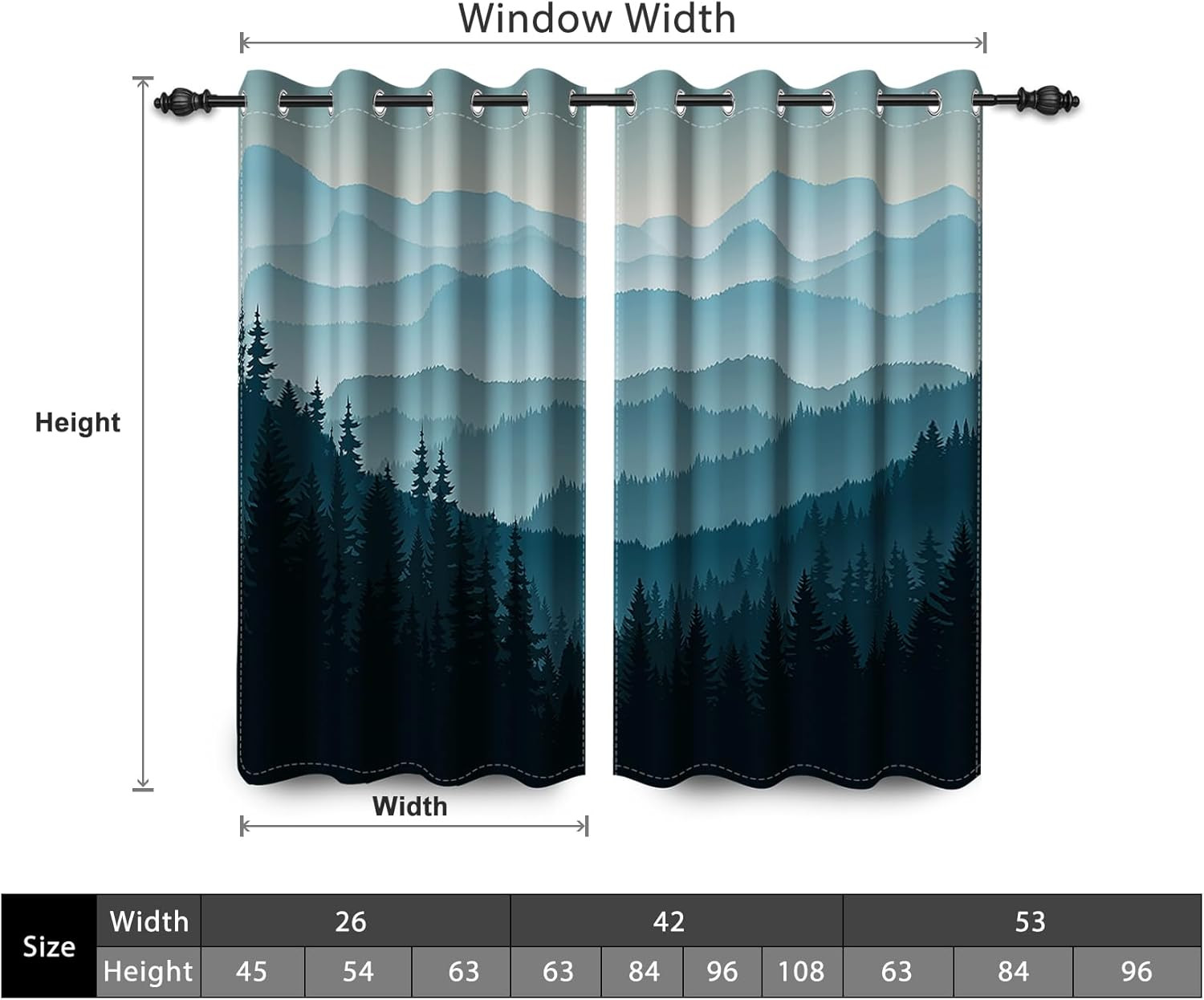Mountain Forest Blackout Curtains for Bedroom Blue Abstract Misty Trees Woodland