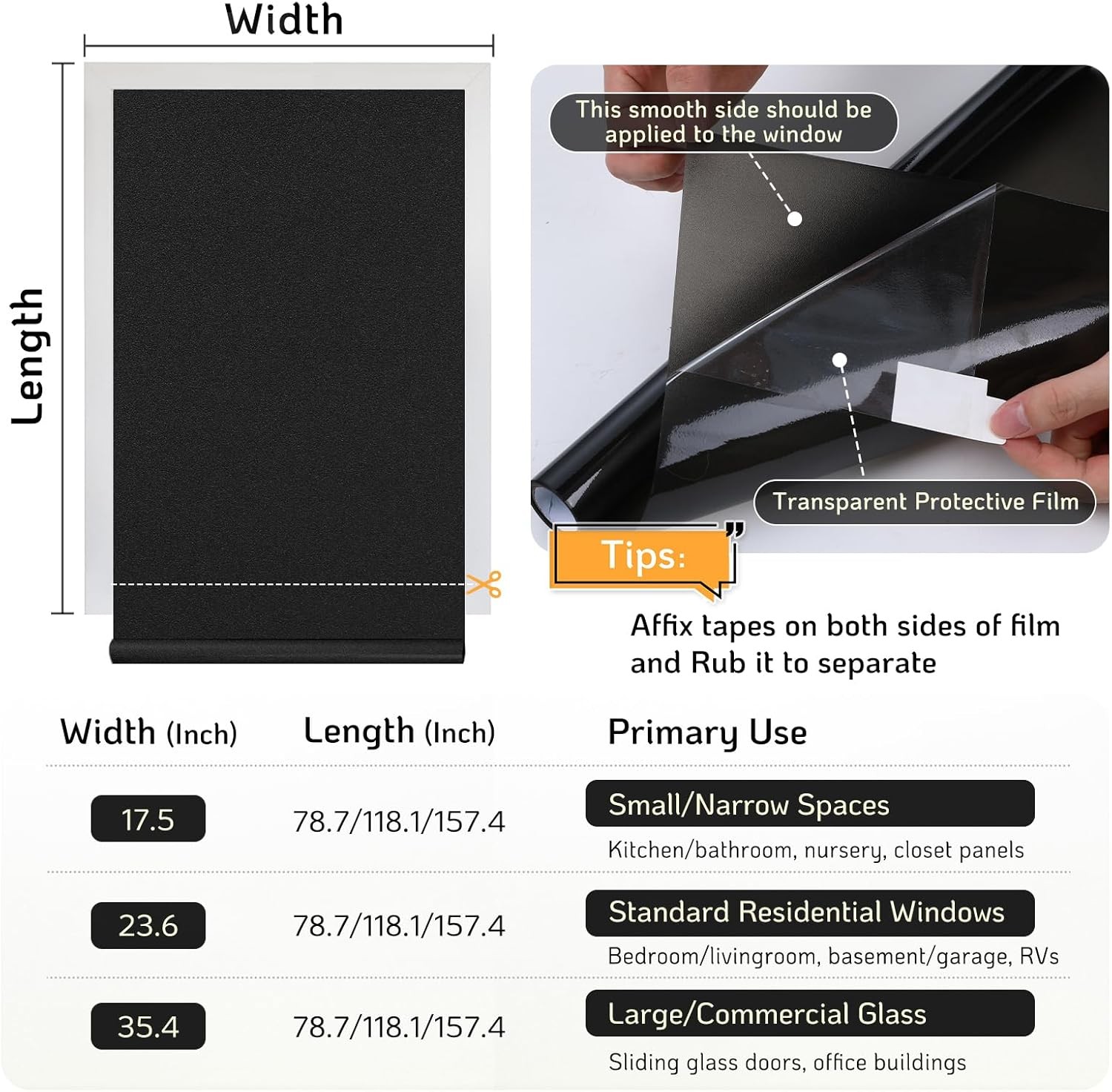 Blackout Window Film Removable Window Tint for Home Privacy Black 23.6″ x 78….
