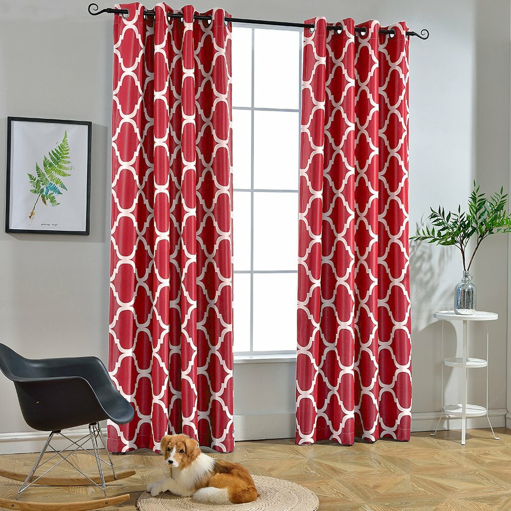 Set 2 Red White Geo Trellis Curtains Panels Drapes 63 84 96 inch L Darkening