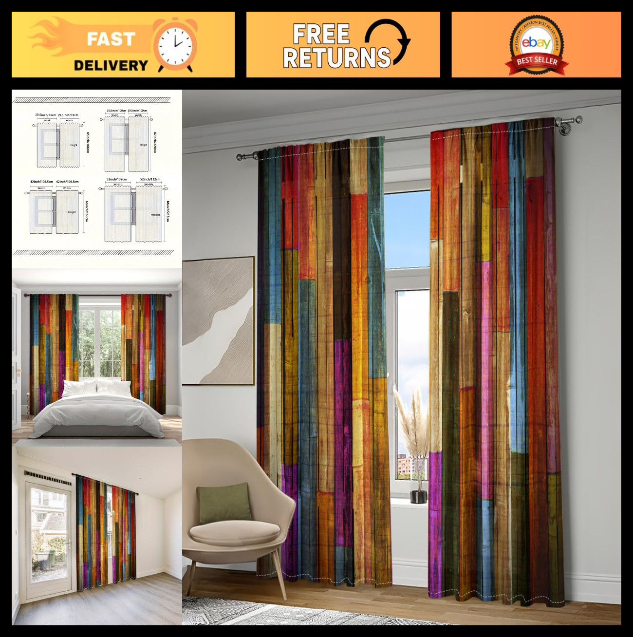 Chic Abstract Striped Curtains – Light-Filtering Wood Grain Drapes, 52″ x 84″, S