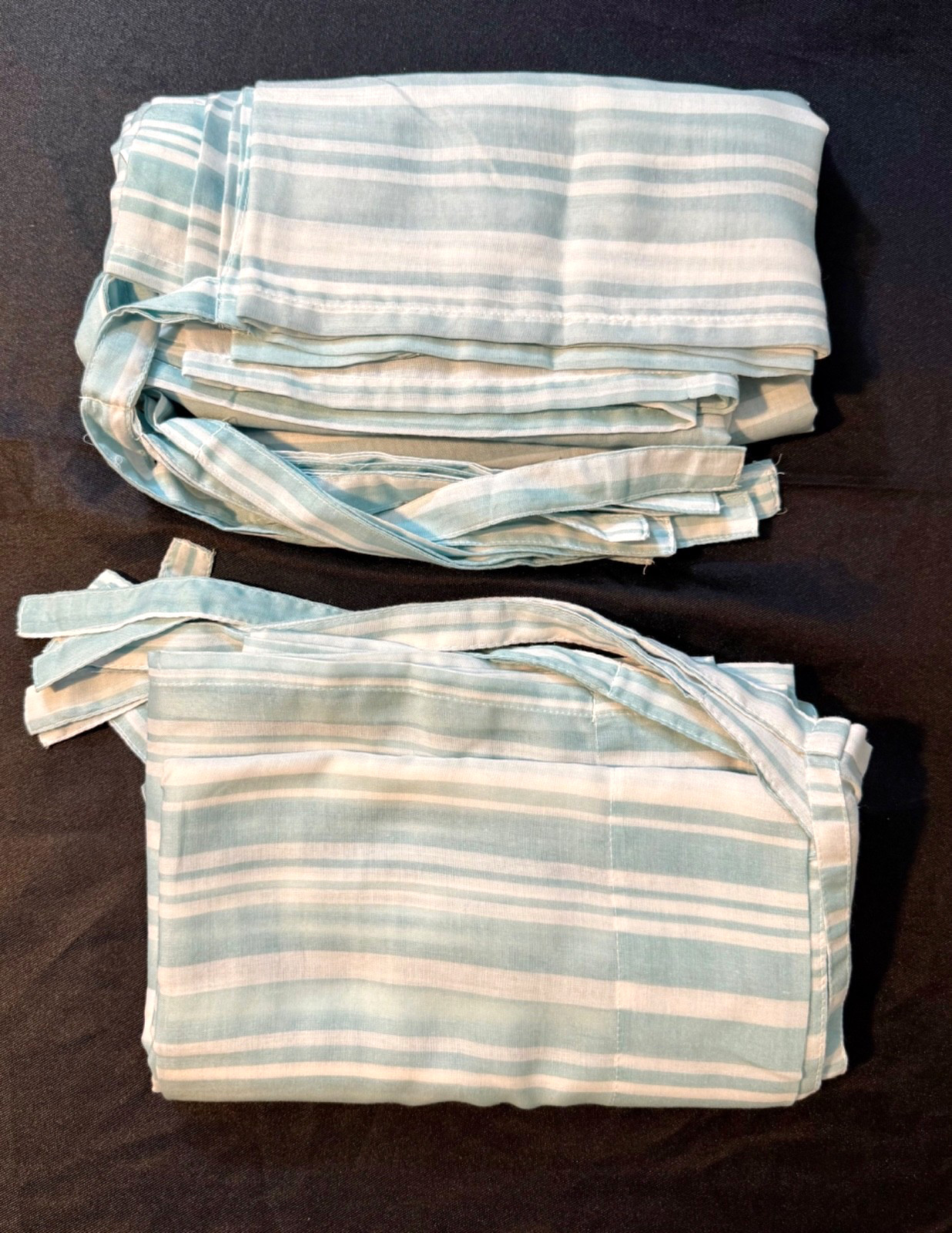 Light Blue And White Striped Tie-Up Window Valance Curtain 2 Panels Farmhouse