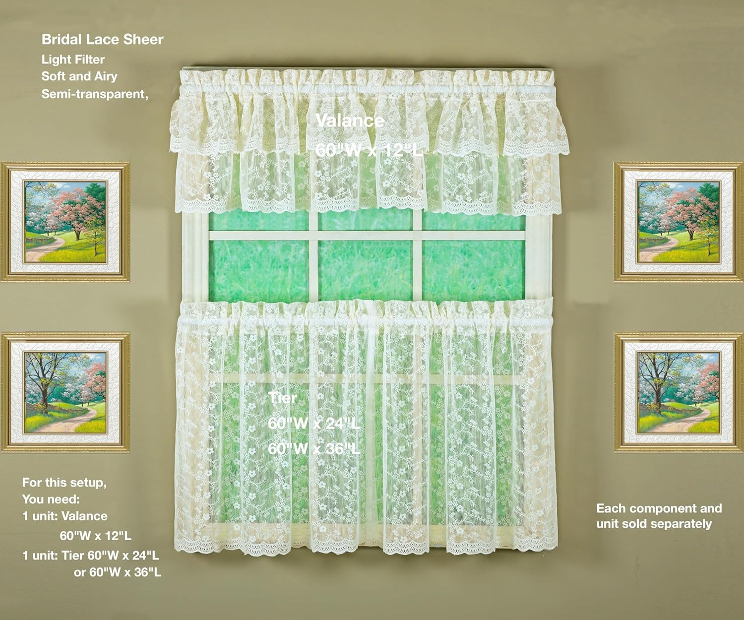 Ivory Priscilla Lace Ruffled 5-Piece Bridal Curtain Set, 84″ Length