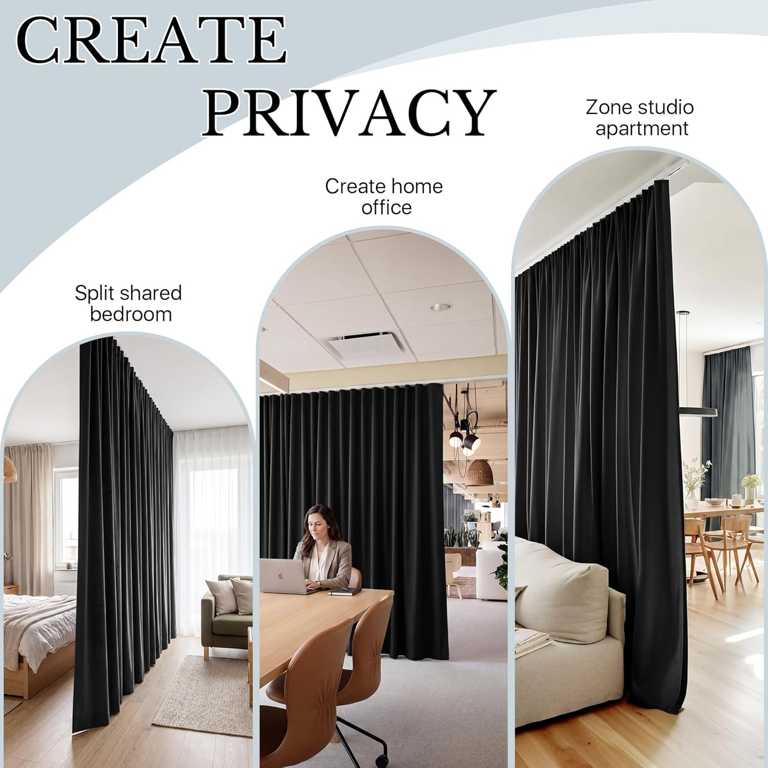 Black Room Divider Curtains with Flexible Track Wall Mount&Ceiling Mount for Sli