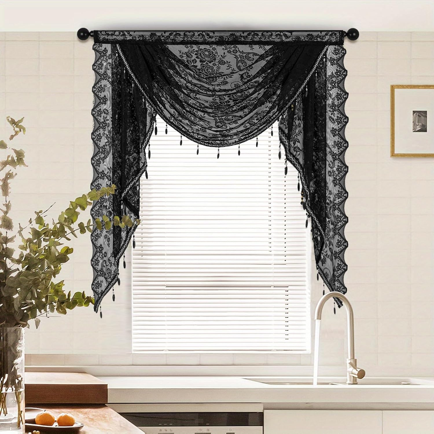 Black Sheer Lace Waterfall Window Valance with Bead Tassels Floral Embroidered V