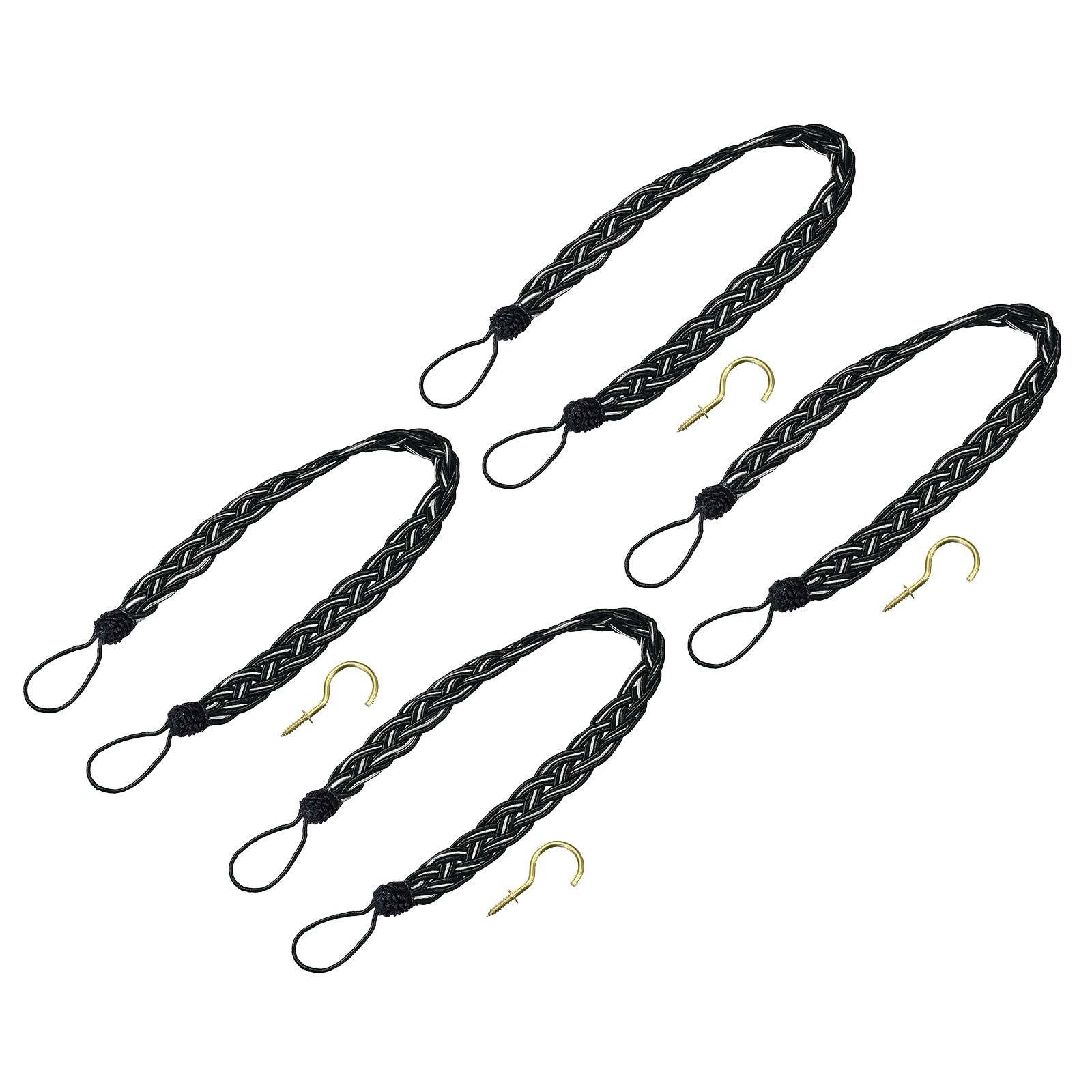 4Pcs 23″ Curtain Tiebacks Braid Drapery Holdback Holder with Hooks Black/Silver