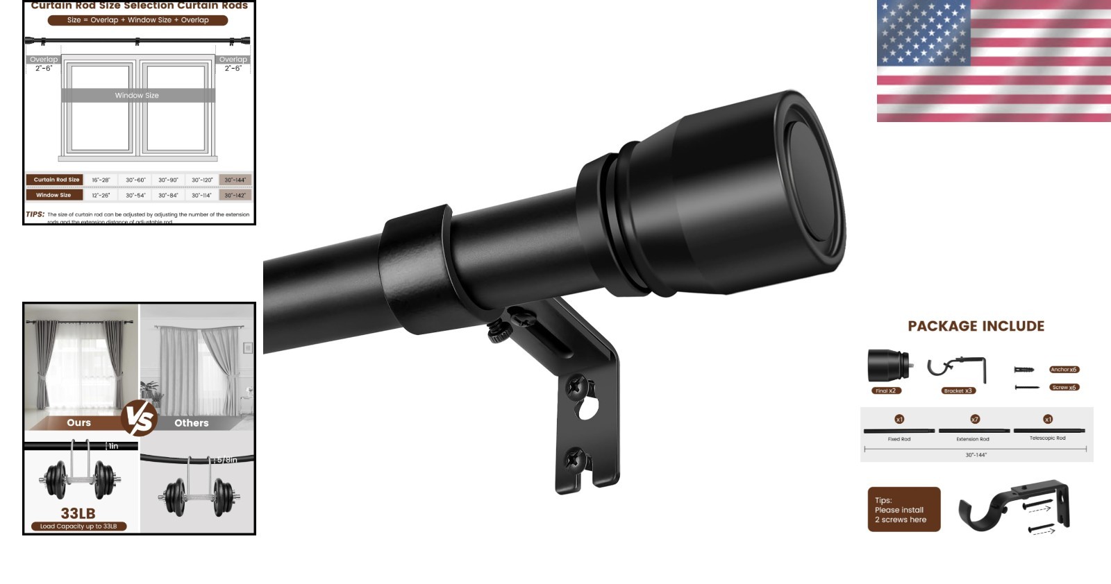 Versatile 1-Inch Diameter Adjustable Curtain Rod, Matte Black – Easy Install