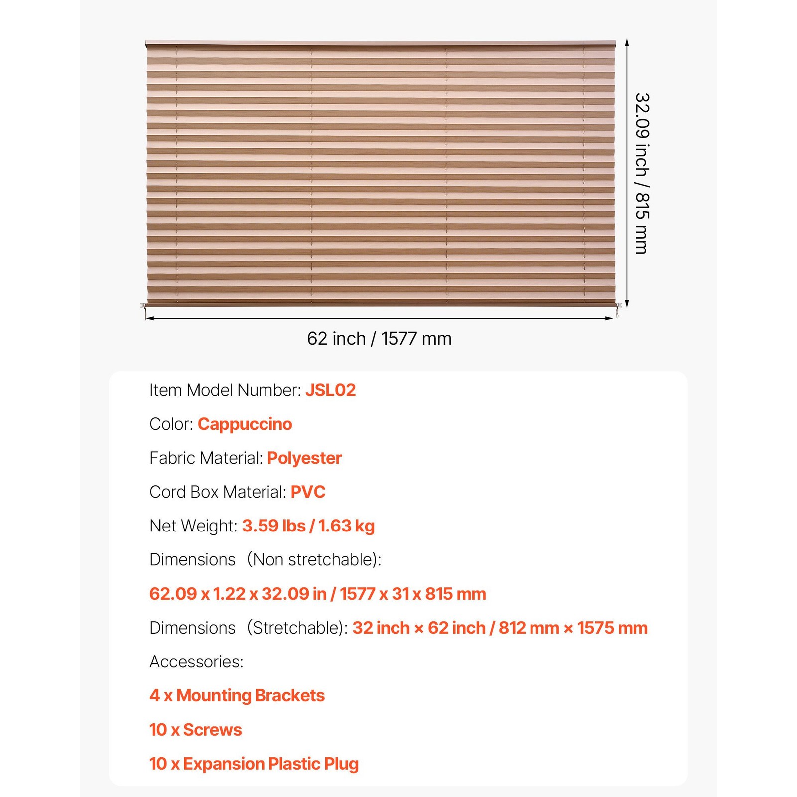 Cappuccino RV Blinds 62x32in Pleated, Blocks Sunlight Privacy