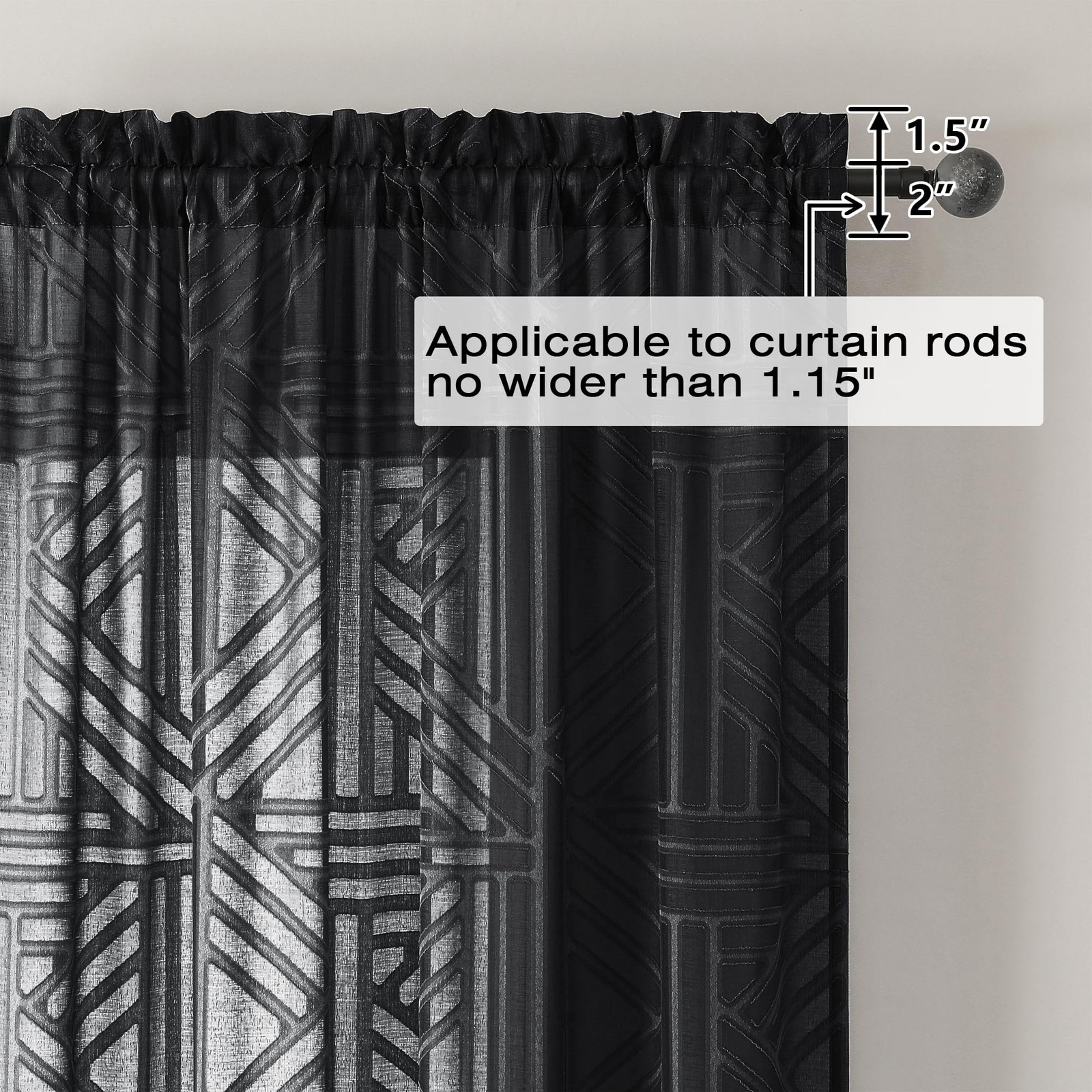 Semi Sheer Window Curtains, 84 Inch, 2 Panels, Jacquard Weave, Black