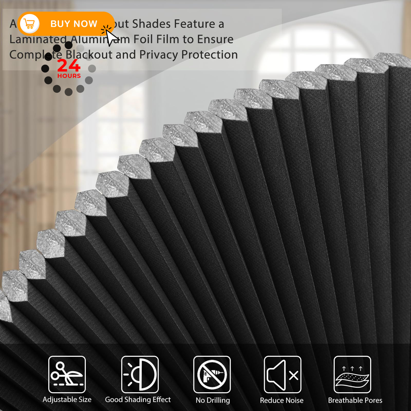 Arch Window Shade Blackout Cellular Shades Half Circle 24″W x 12″H, Black