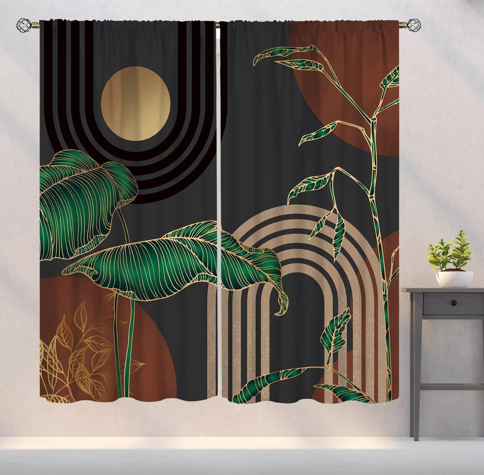 Dark Brown Mid Century Curtains,Boho Abstract Retro Palm Leaves Modern Art Pr…