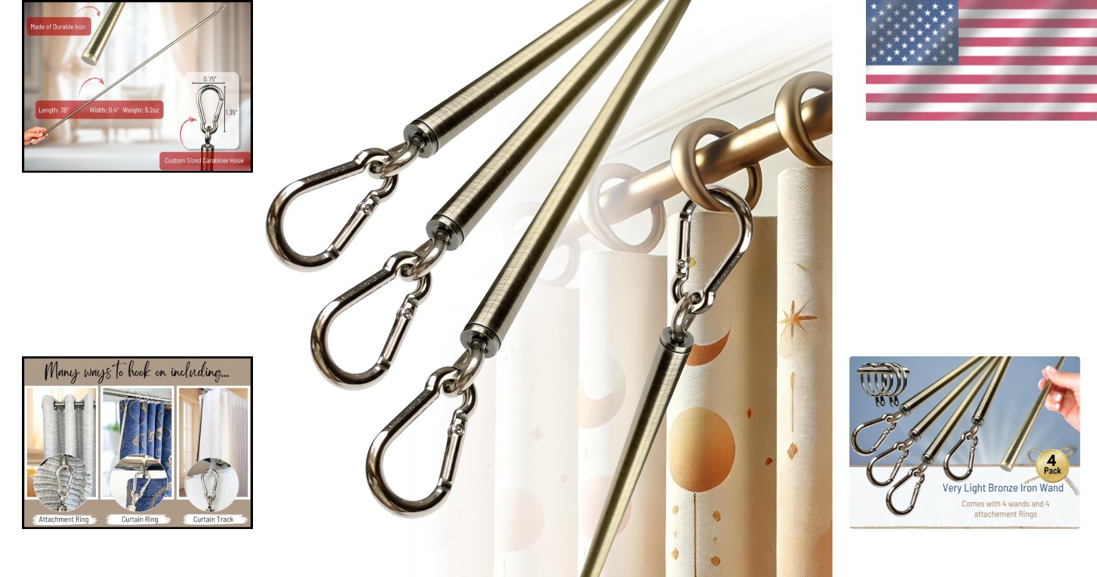 Curtain Pull Wand 36 inch Light Bronze Iron Drapery Rod 4 Pack Durable Sturdy