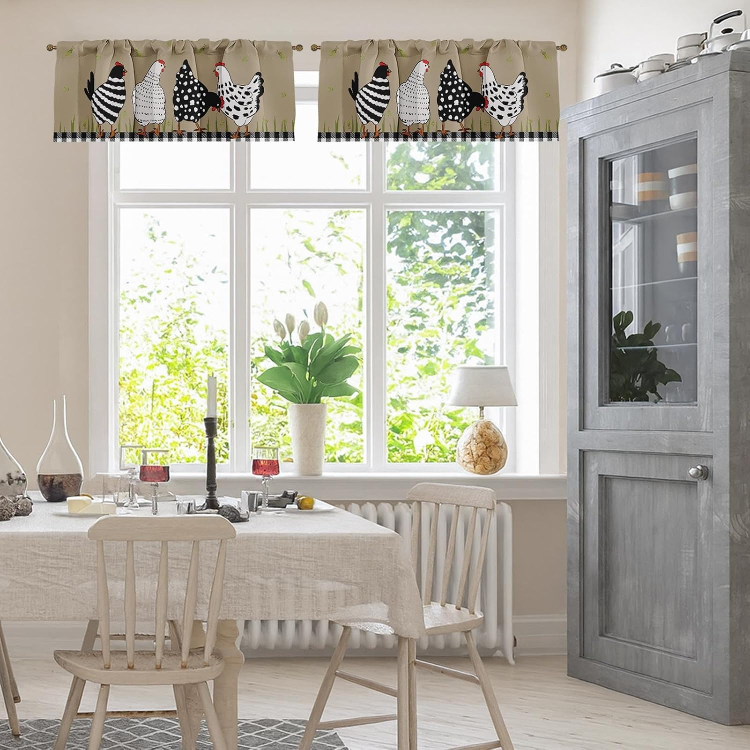 2 Pack Valances Window Treatments, Black White Rooster Farmhouse Funny Chicken B