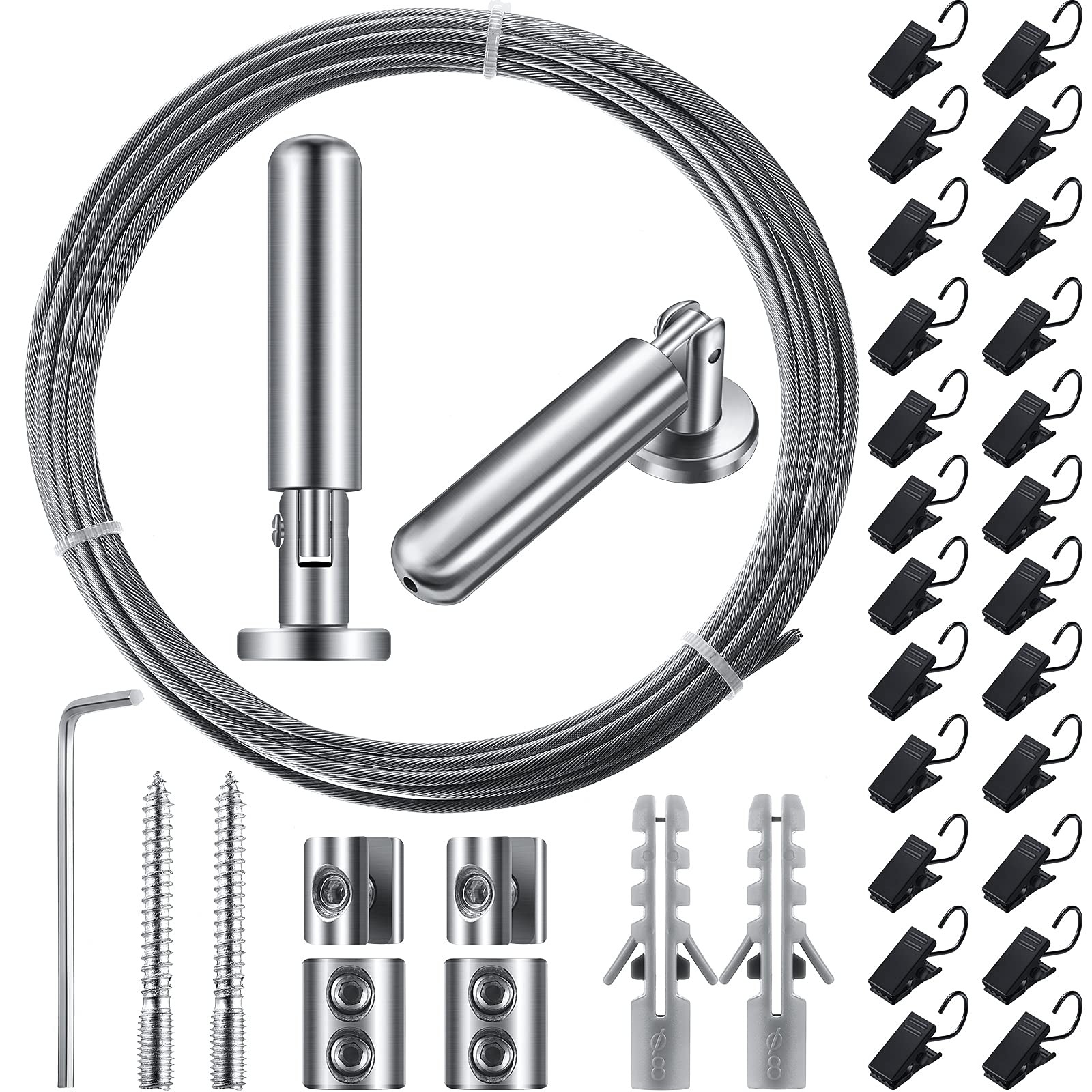 196 Inch/ 5 m Wire Curtain Rod Room Divider Hanging System with 48 Clips Adju…