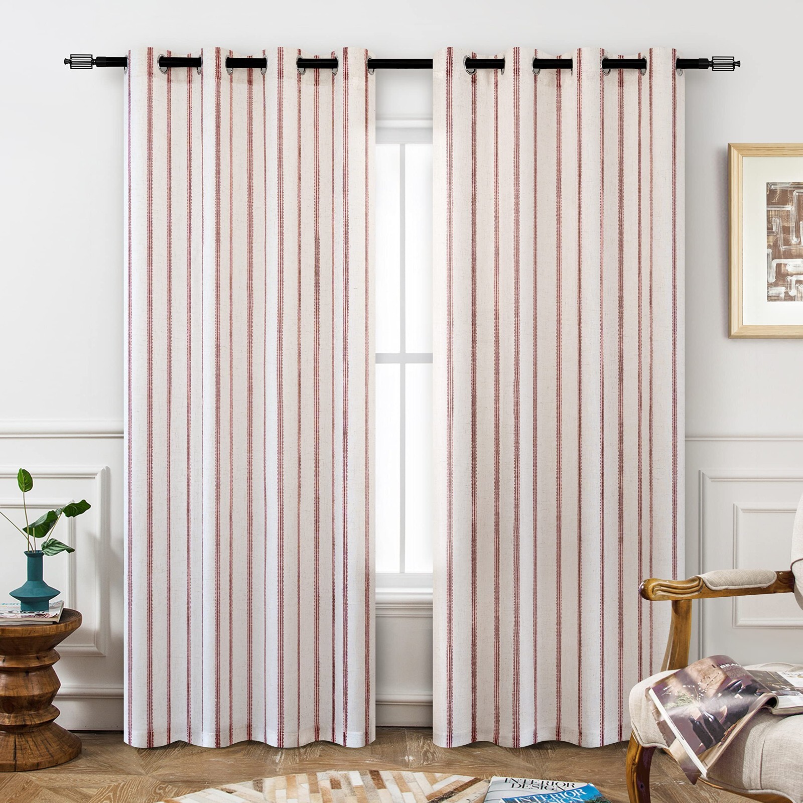 2 Panels Farmhouse Vertical Striped Linen Blackout Curtain Thermal Grommet Drape