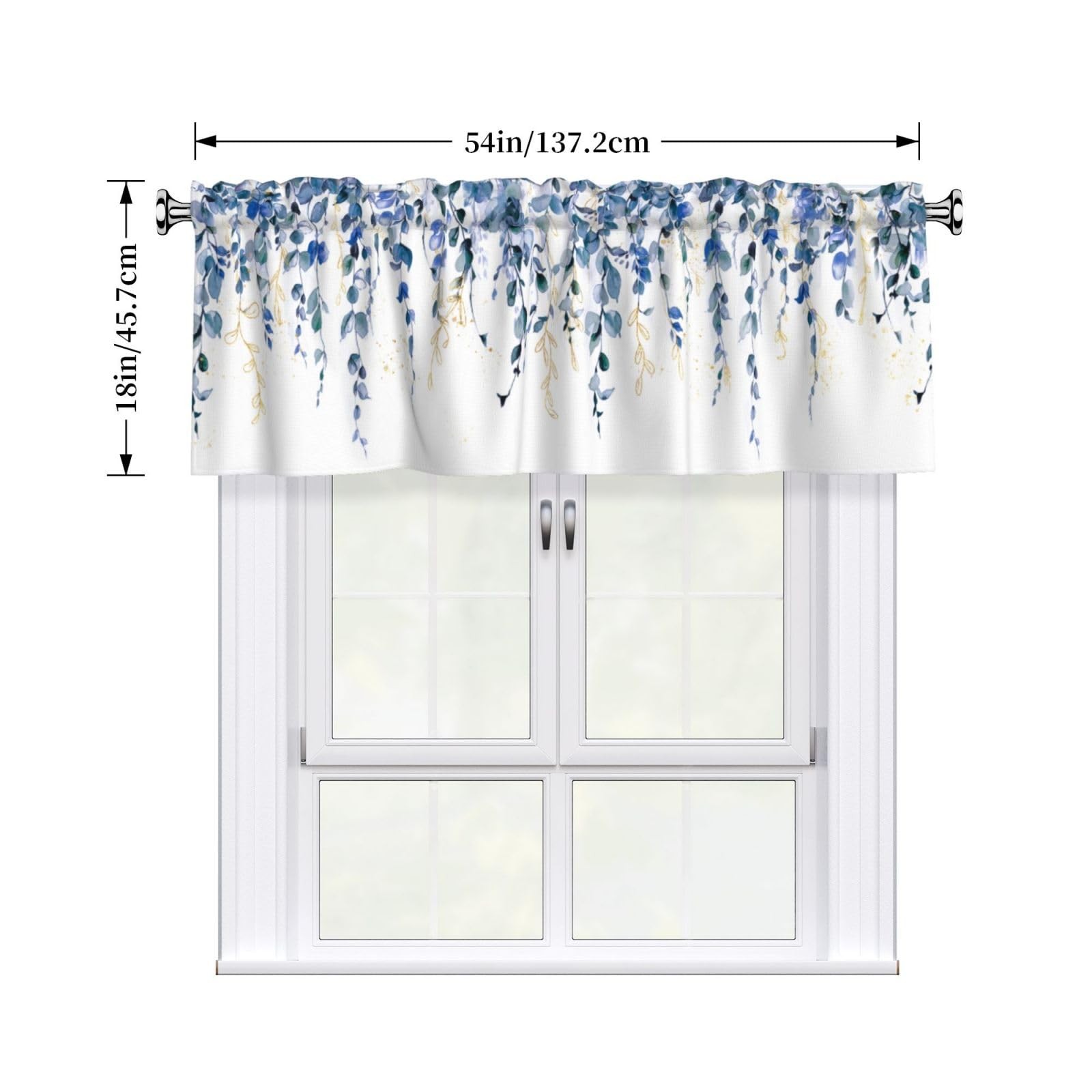 Eucalyptus Valance Curtain for Window 54″ x 18″ Blue Gold Leaves Plant Short …