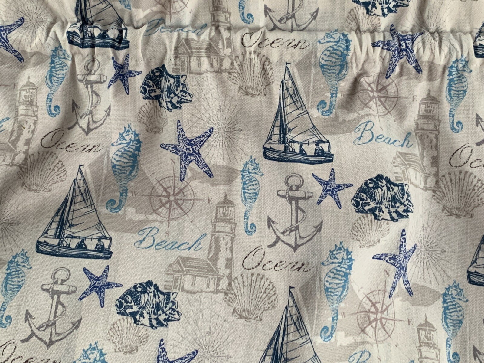 Nautical, Coastal Beach Cottage Valance, Sailboats, Lighhouse, Shells, Anchors.