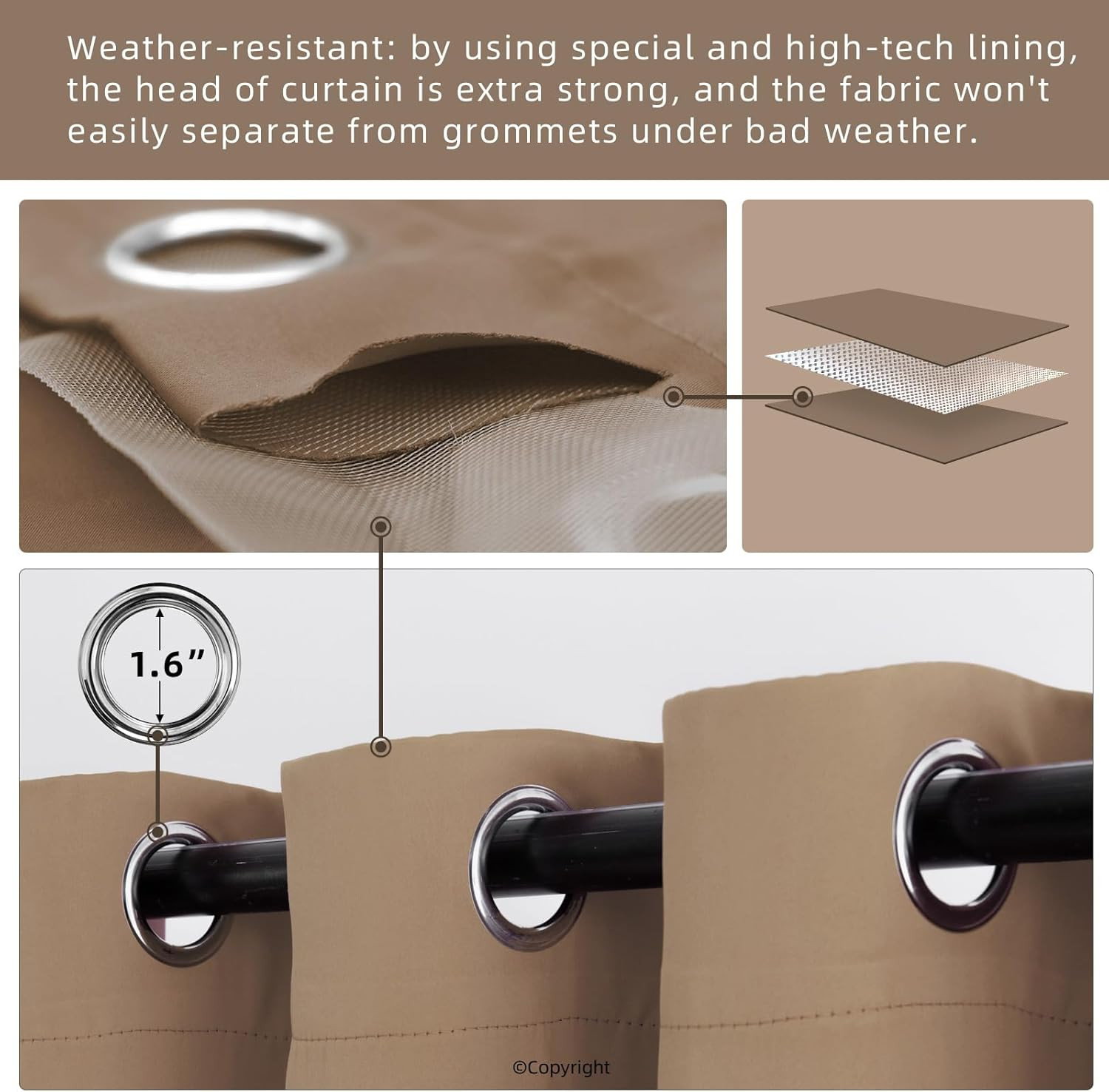 Waterproof Outdoor Curtains 105×95 – Blackout Drapes for Patio & Porch (Camel)