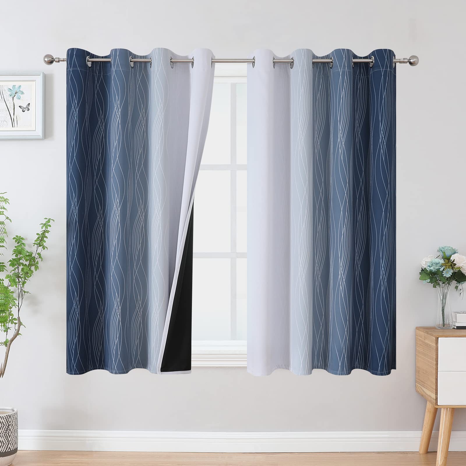 Full Room Darkening Greyish White and Navy Blue Blackout Curtains 45 Inch Len…