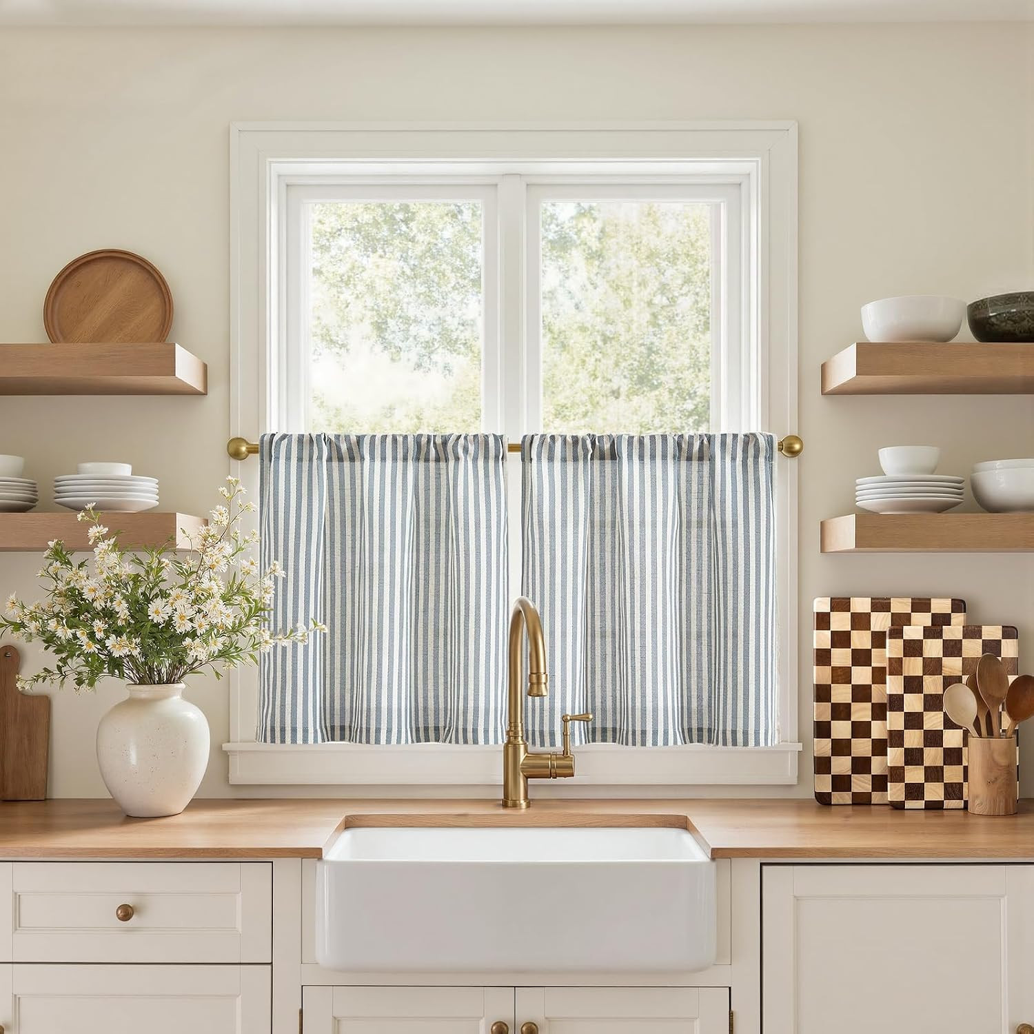 Striped Linen Kitchen Tier Curtains, 20 Inch, Blue, 2 Panels | Light-Filtering L