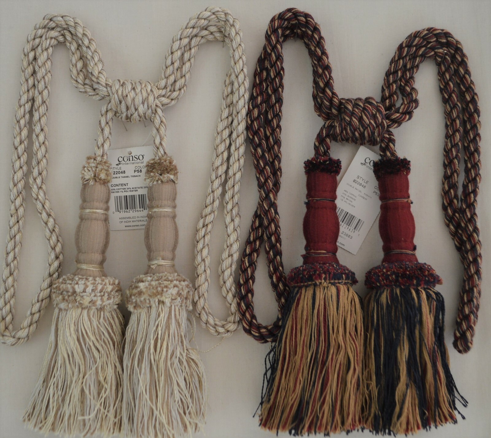 Curtain Tie Back – 29″spread with 8″ double broomstick tassel – 7 color choices!