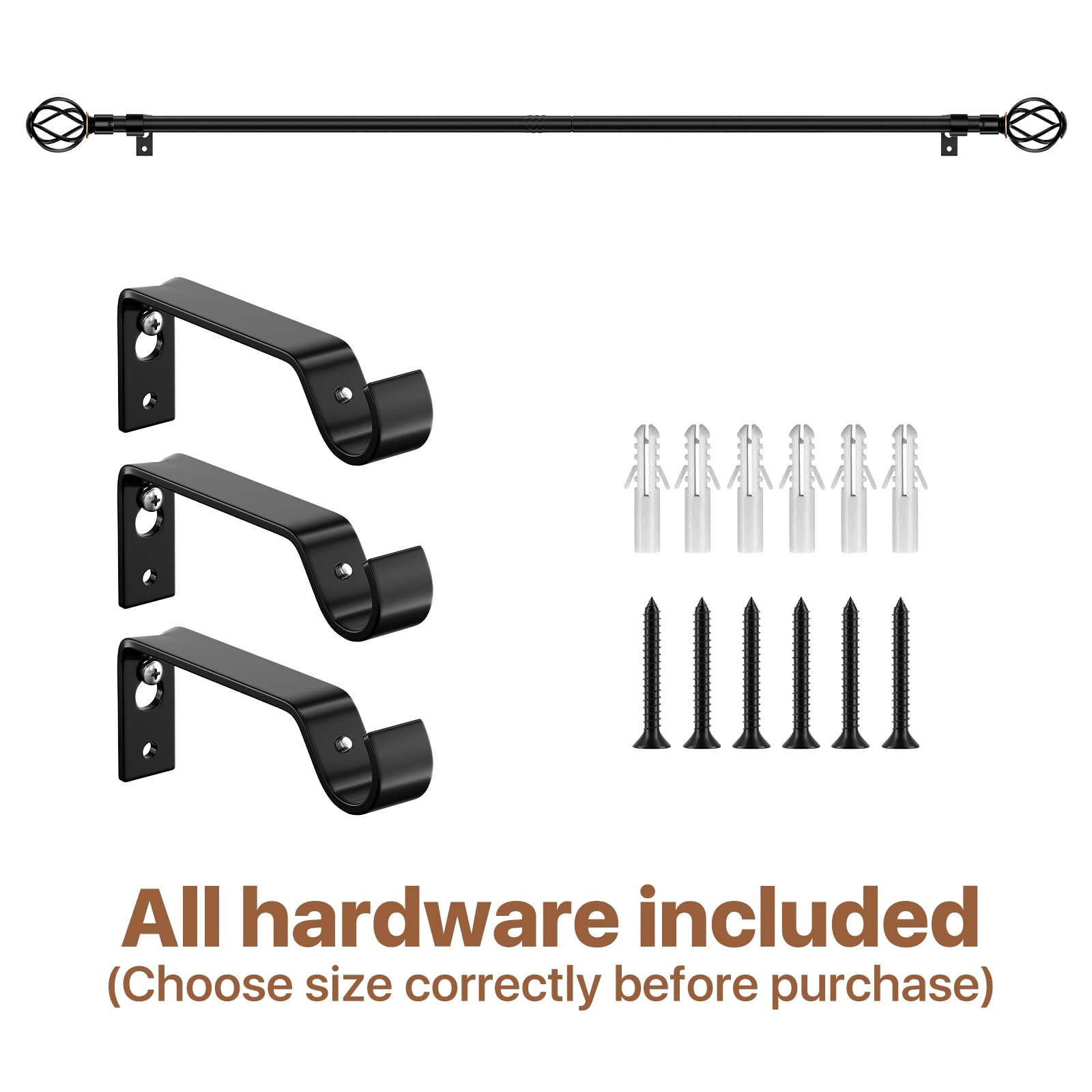 Black 5/8 Curtain Rod Set, 40-62 Inch, Twisted Cage Finials, Heavy Duty