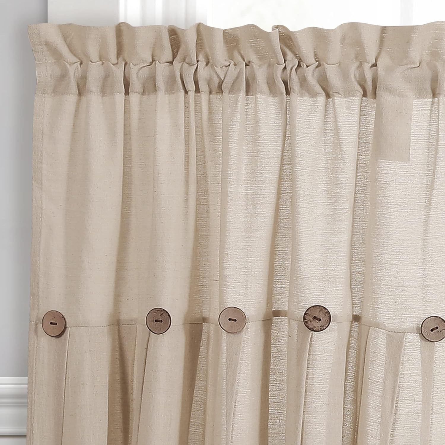 Button Farmhouse Kitchen Curtains Tier Set 29″W x 36″L Dark Linen Linen