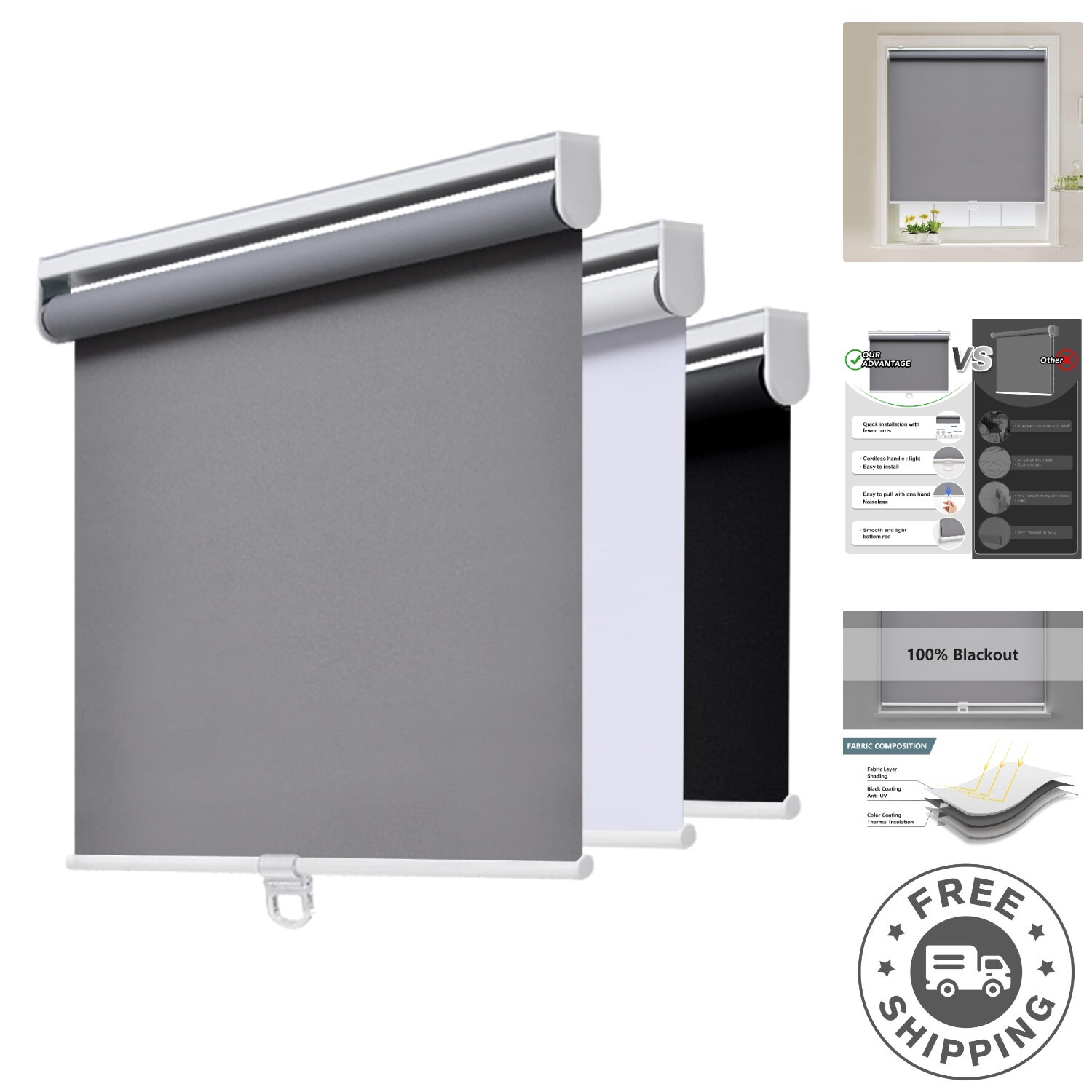Thermal Insulated Cordless Blackout Blinds 46″ W x 72″ H – Effortless Operation