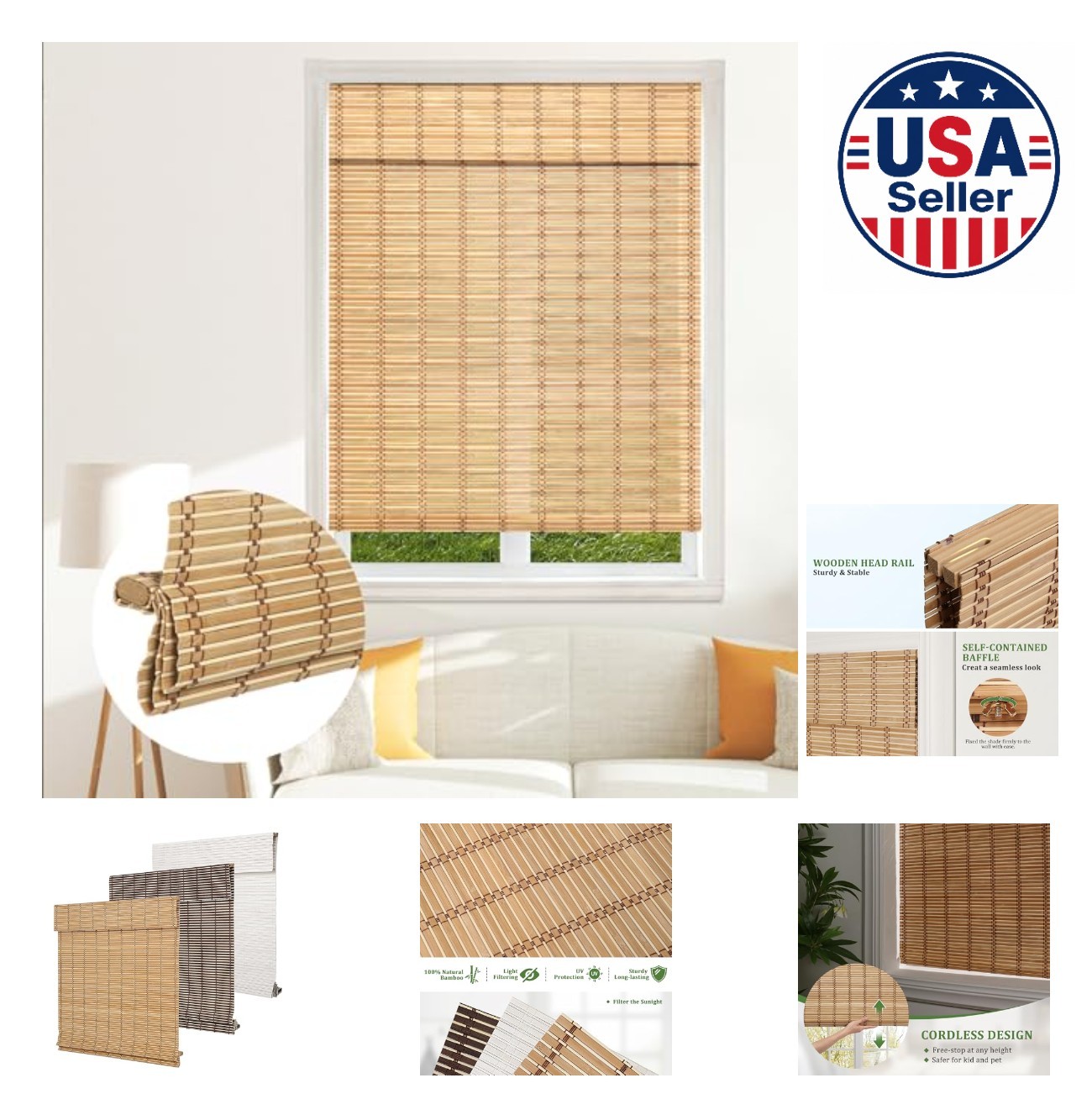 Cordless Bamboo Roman Blinds Light Filtering 32×64 Natural Roller Shade Window
