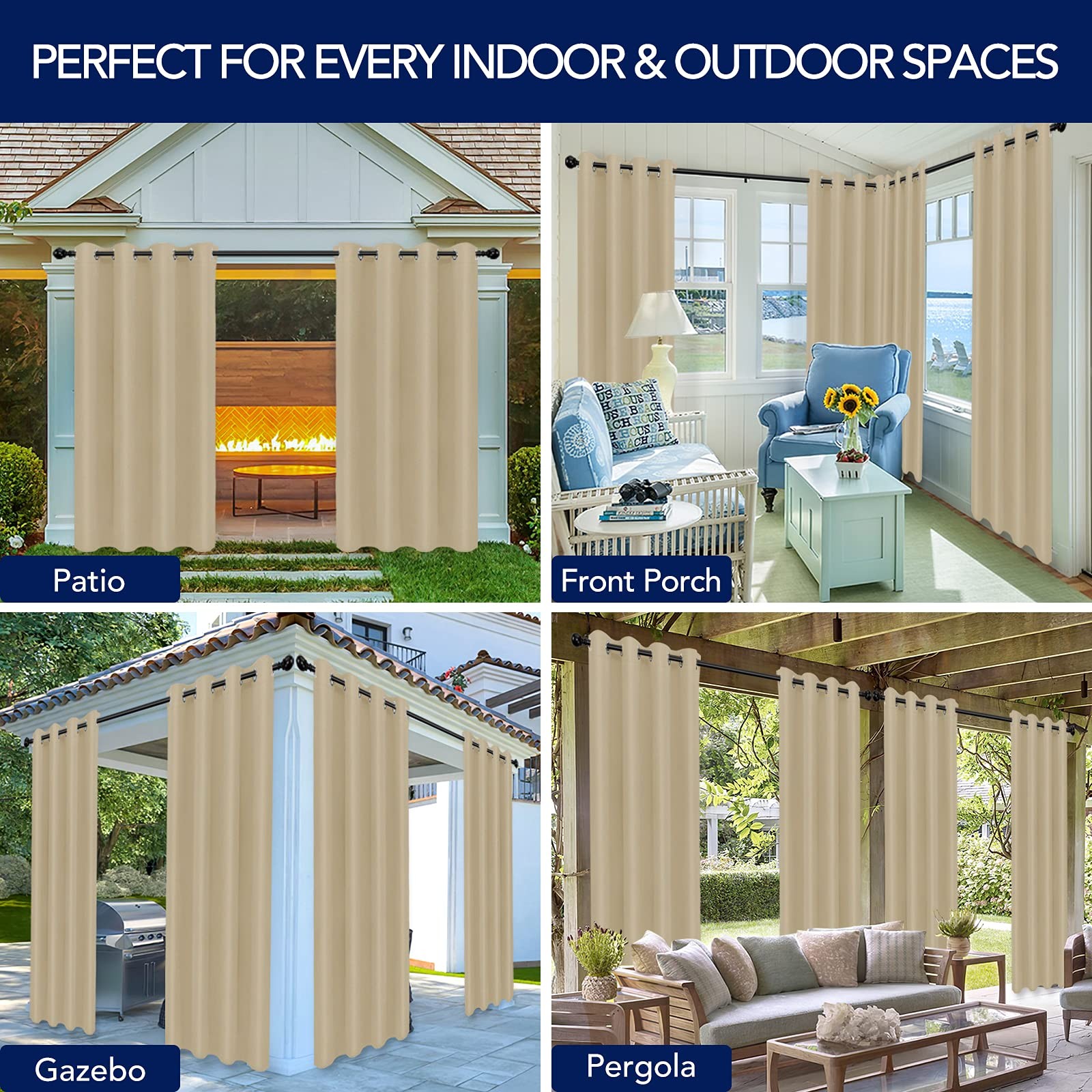 Outdoor Curtains for Patio Waterproof Weatherproof, UV and Fade Resistant Outsid