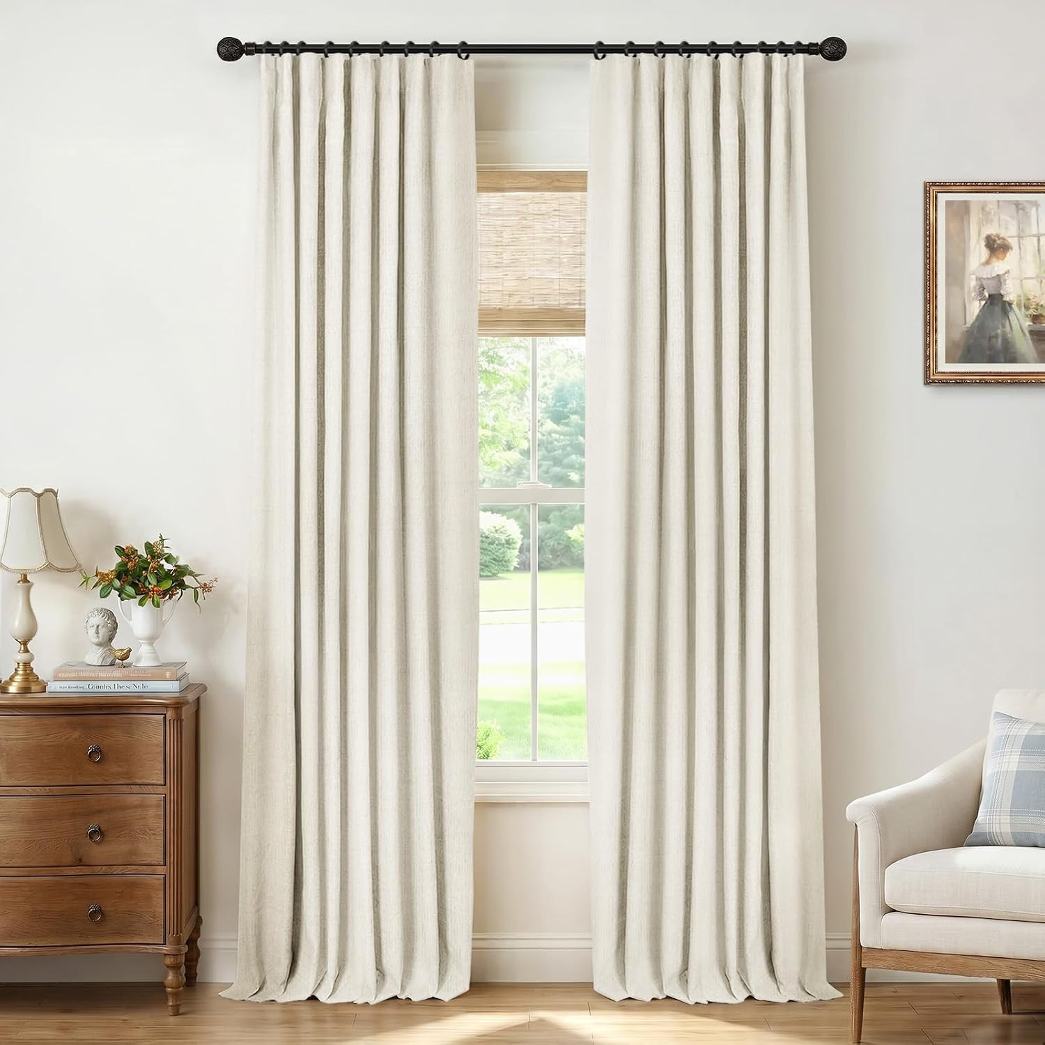 100% Blackout Curtains for Bedroom, Beige White Black Out Curtains 84 Inch Long,