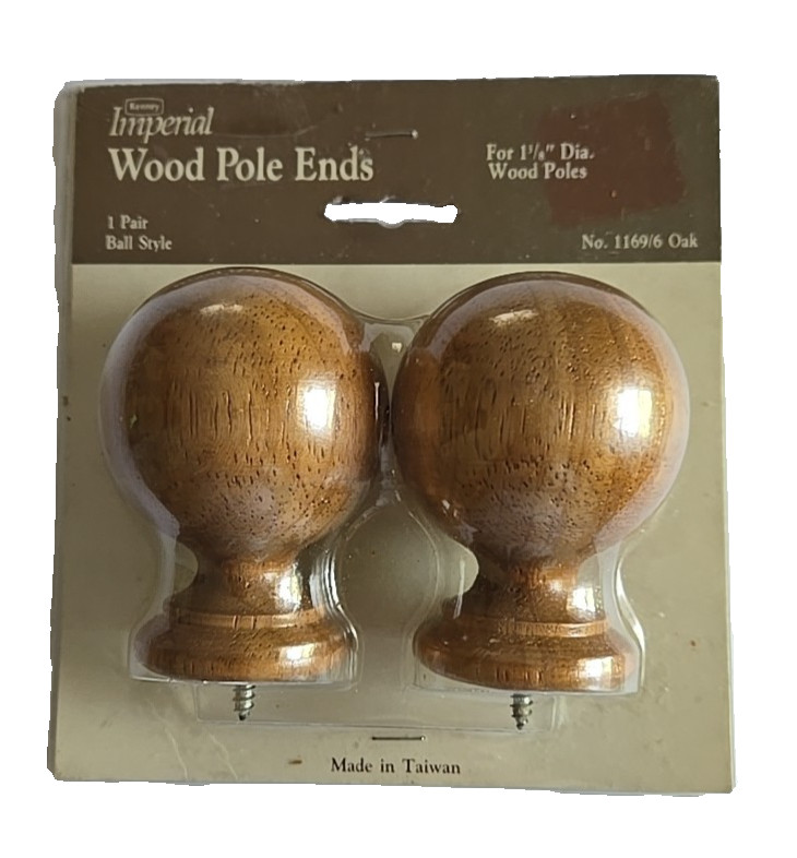 Vintage Kenney Imperial Wood Pole Ends 1 Pair Ball Style Fits 1 3/8″ Dia Oak New