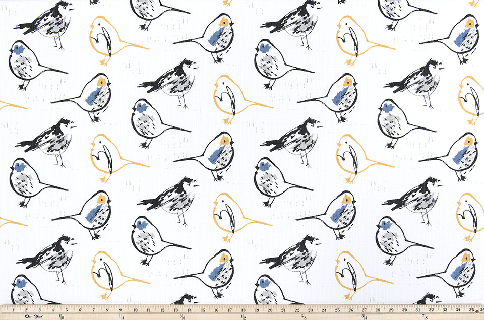 Curtains Made USA, Bird Toile Brazilian Yellow White, Medium Weight Cotton Slub