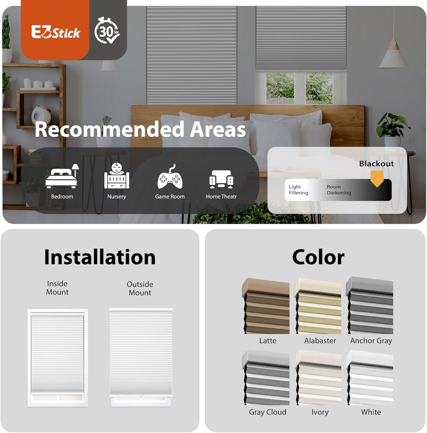 EZ Stick No Drill Cordless Blackout Cellular Shade 35″ W X 72″ H Alabaster