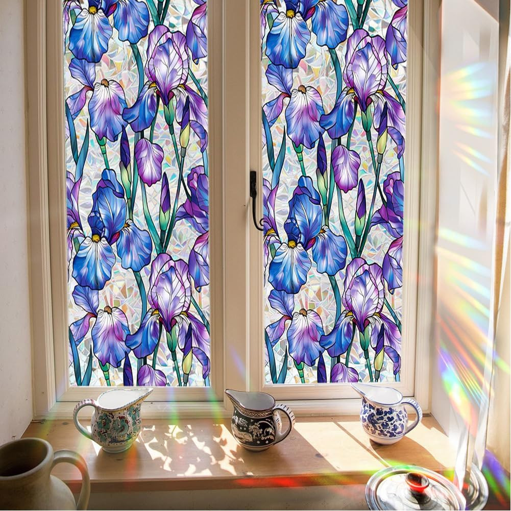 Purple Iris Flowers Sunroof Film Floral Rainbow Effect Static Clings Window Priv