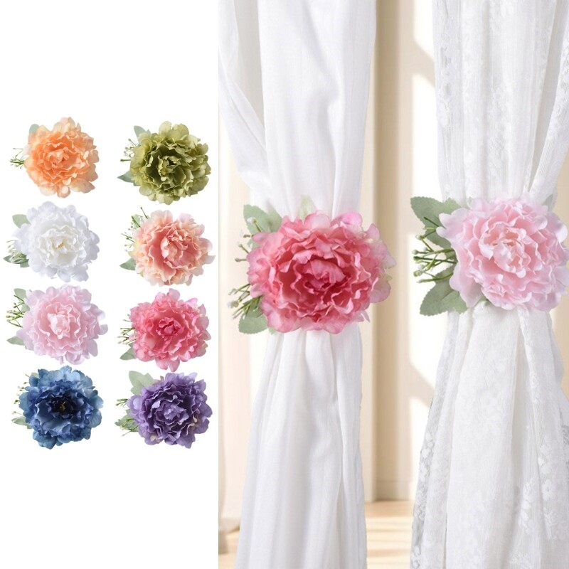 2Pcs Artificial Peony Flower Curtain Clip Curtain Rope Tie Drapery Tieback Clamp