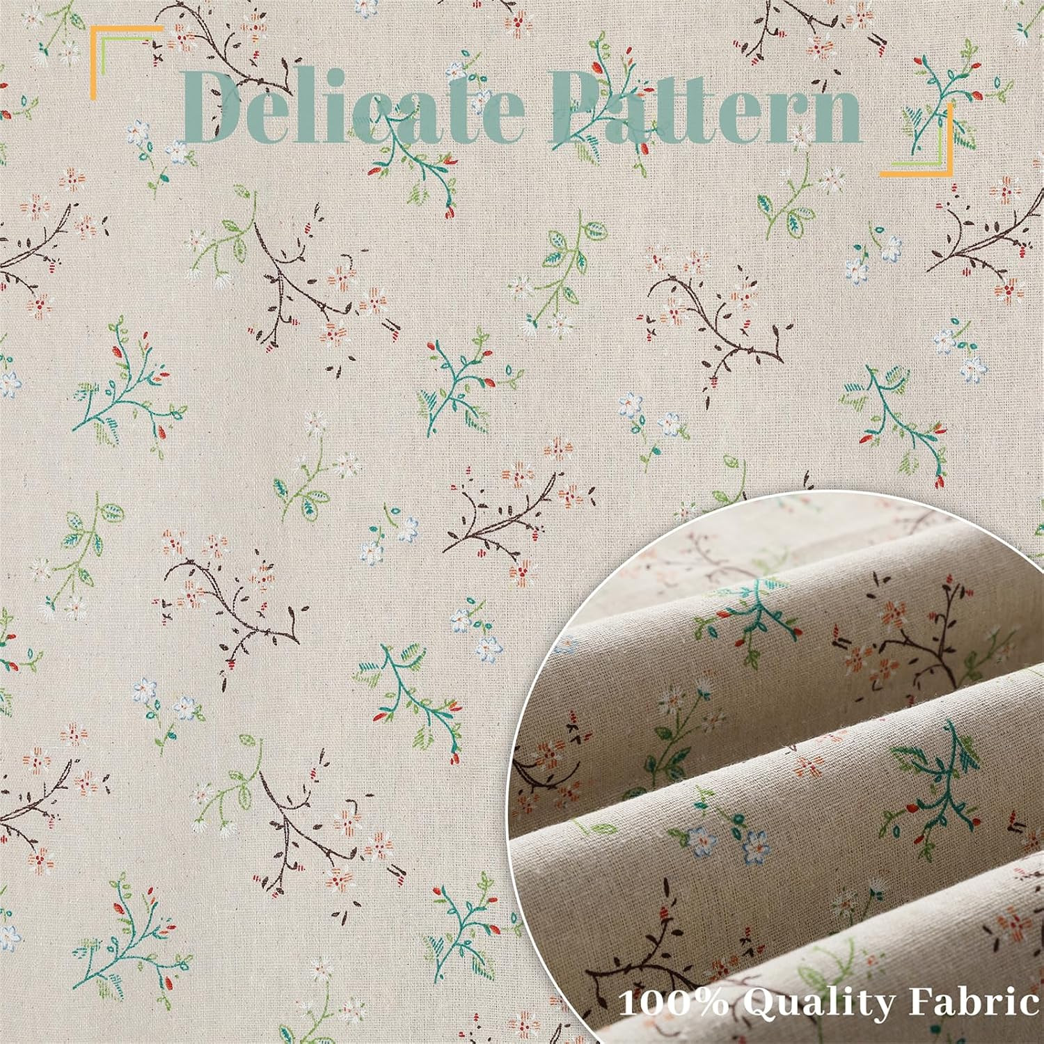 Linen French Door Curtains Set of 2, Elegant Country Style Little Grass and Flow
